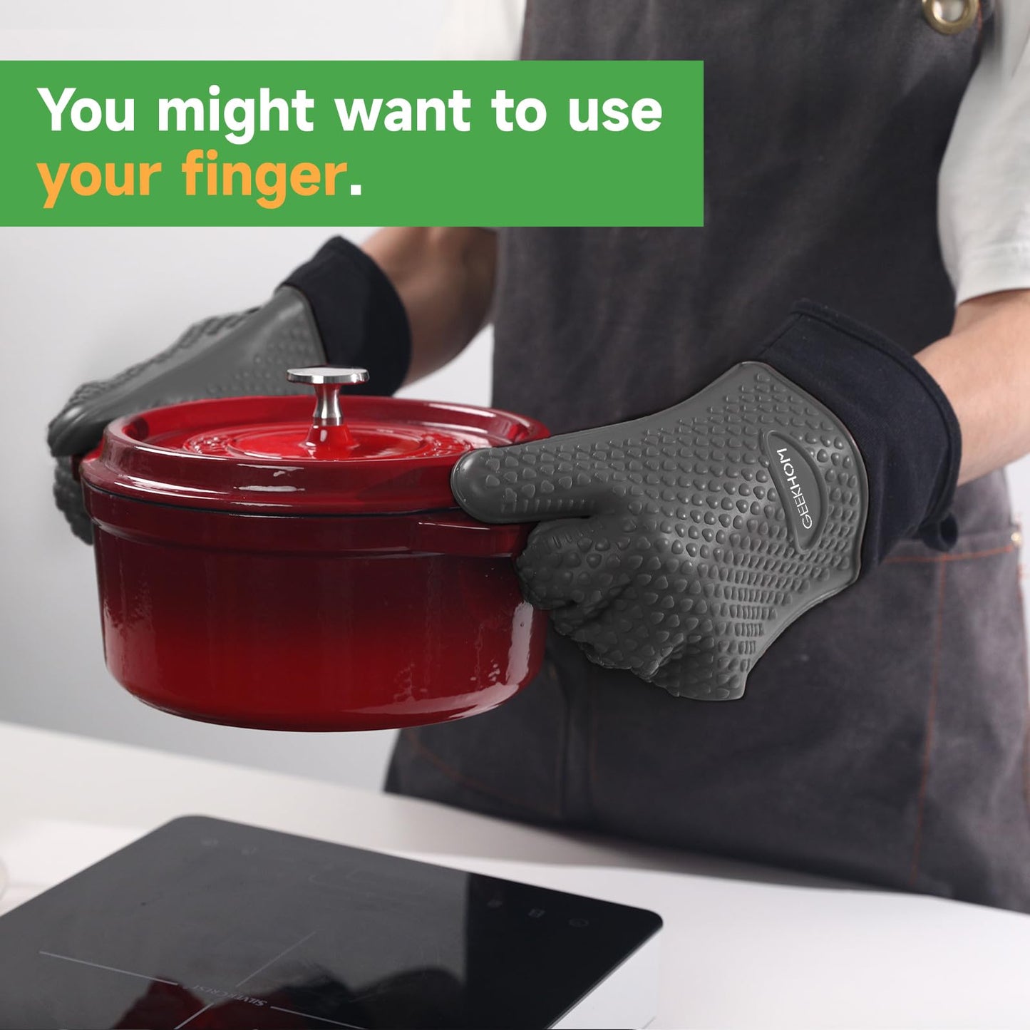 GEEKHOM BBQ Gloves, Grilling Gloves Heat Resistant Oven Gloves, Kitchen Silicone Oven Mitts, Long Waterproof Non-Slip Pot Holder for Barbecue, Cooking, Baking, Black