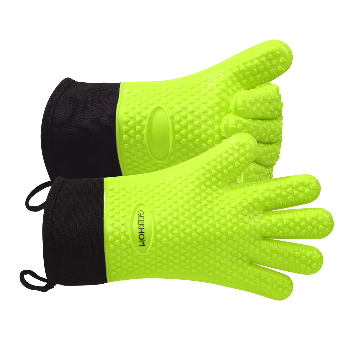 GEEKHOM BBQ Gloves, Grilling Gloves Heat Resistant Oven Gloves, Kitchen Silicone Oven Mitts, Long Waterproof Non-Slip Pot Holder for Barbecue, Cooking, Baking, Black