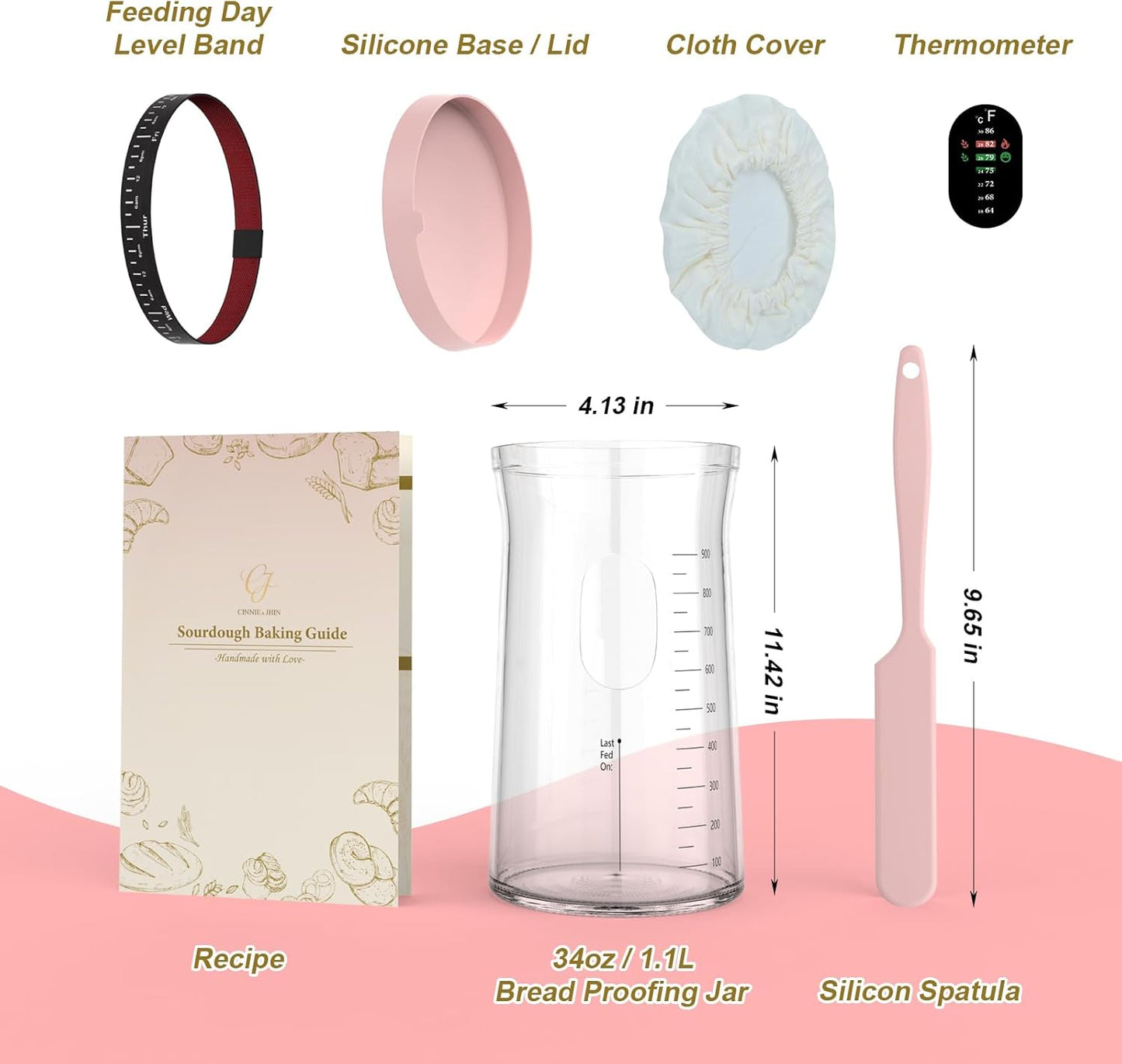 CINNIE&JHIN 34oz Premium Sourdough Starter Jar with Pink Silicone Lid & Spatula – Large Glass Fermenters Jar with Feeding Tracker – Stylish Kitchen Essentials for Home Bakers & Gift Idea for Women