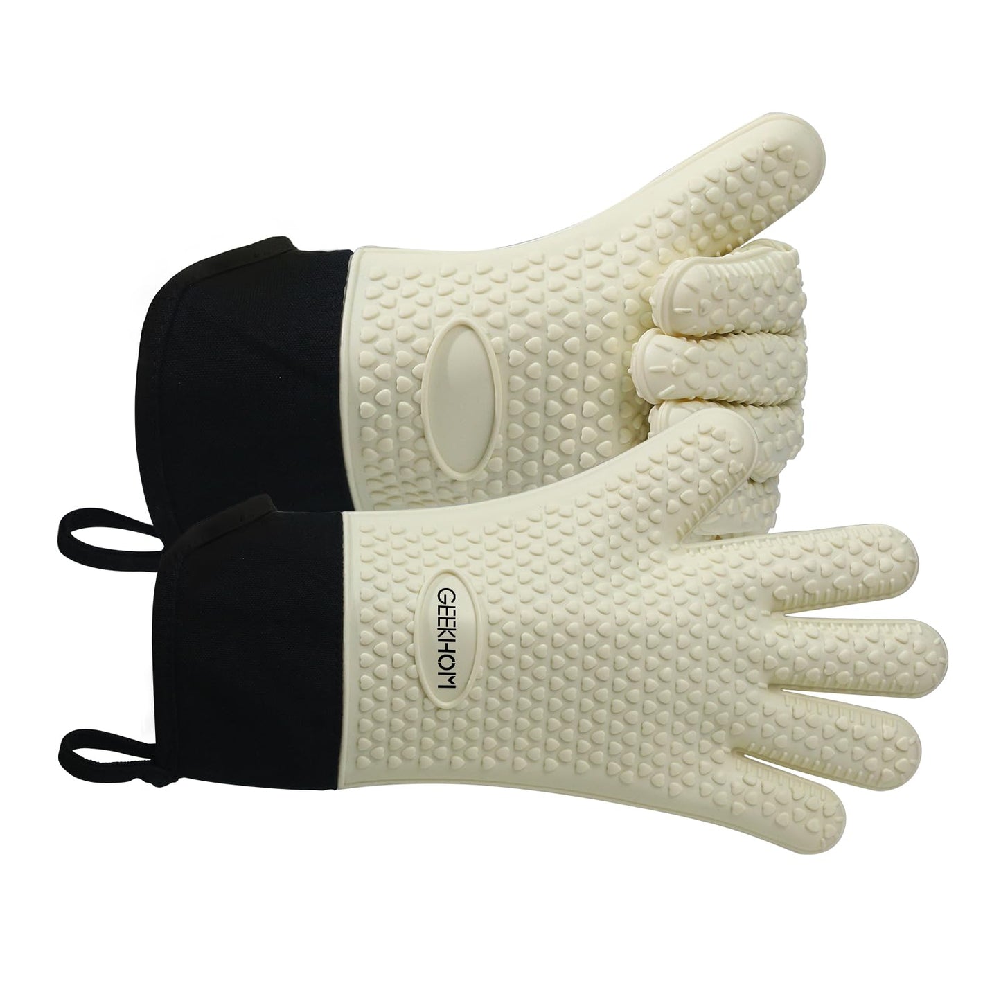GEEKHOM BBQ Gloves, Grilling Gloves Heat Resistant Oven Gloves, Kitchen Silicone Oven Mitts, Long Waterproof Non-Slip Pot Holder for Barbecue, Cooking, Baking, Black