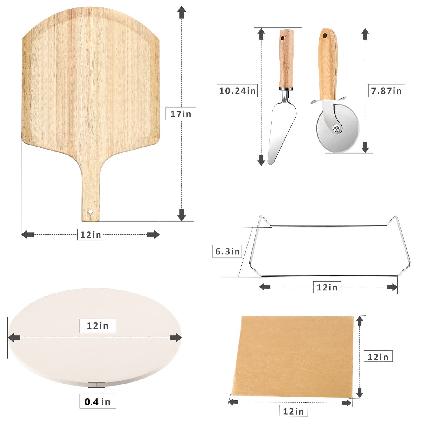 5 PCS Round Pizza Stone Set, 13" Pizza Stone for Oven and Grill with Pizza Peel(OAK),Serving Rack, Pizza Cutter & 10pcs Cooking Paper for Free, Baking Stone for Pizza, Bread