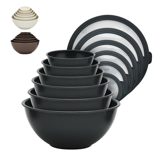 12 Piece Plastic Nesting Bowls with Lids - Mixing Bowls Set includes 6 Prep Bowls and 6 Lids, BPA-Free, Reusable Meal Prep Containers, Microwave, Freezer & Dishwasher Safe, White Cream