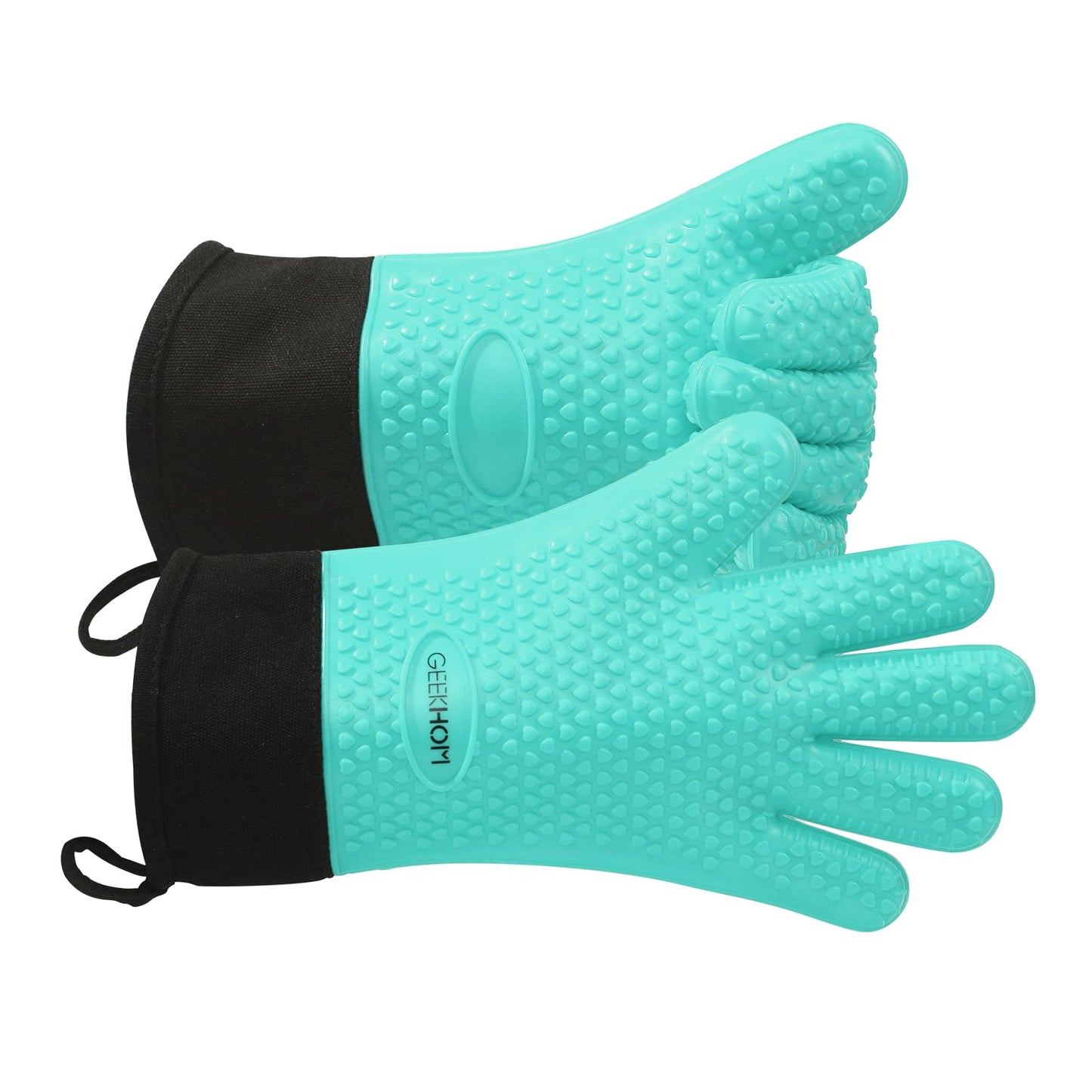 GEEKHOM BBQ Gloves, Grilling Gloves Heat Resistant Oven Gloves, Kitchen Silicone Oven Mitts, Long Waterproof Non-Slip Pot Holder for Barbecue, Cooking, Baking, Black