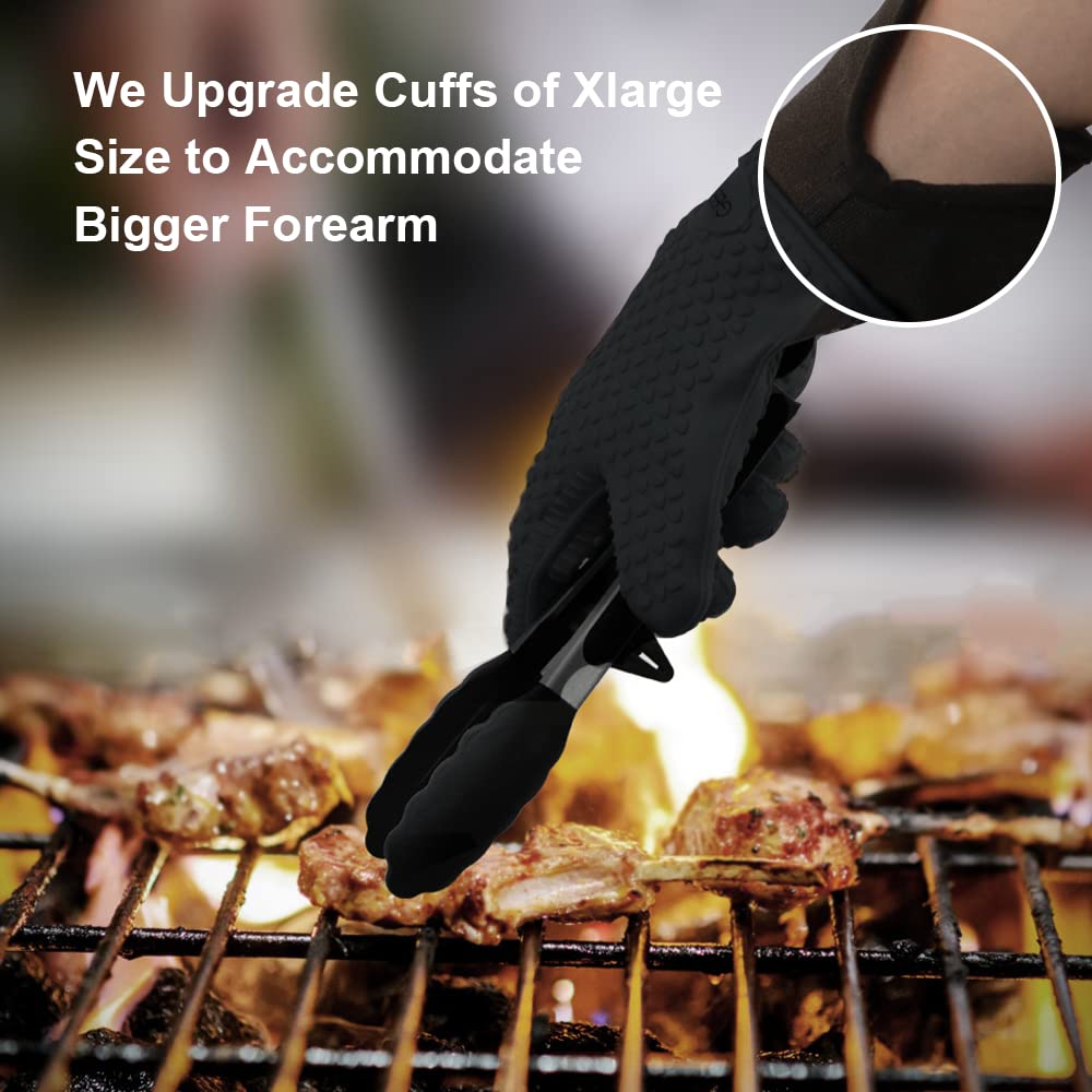 GEEKHOM BBQ Gloves, Grilling Gloves Heat Resistant Oven Gloves, Kitchen Silicone Oven Mitts, Long Waterproof Non-Slip Pot Holder for Barbecue, Cooking, Baking, Black