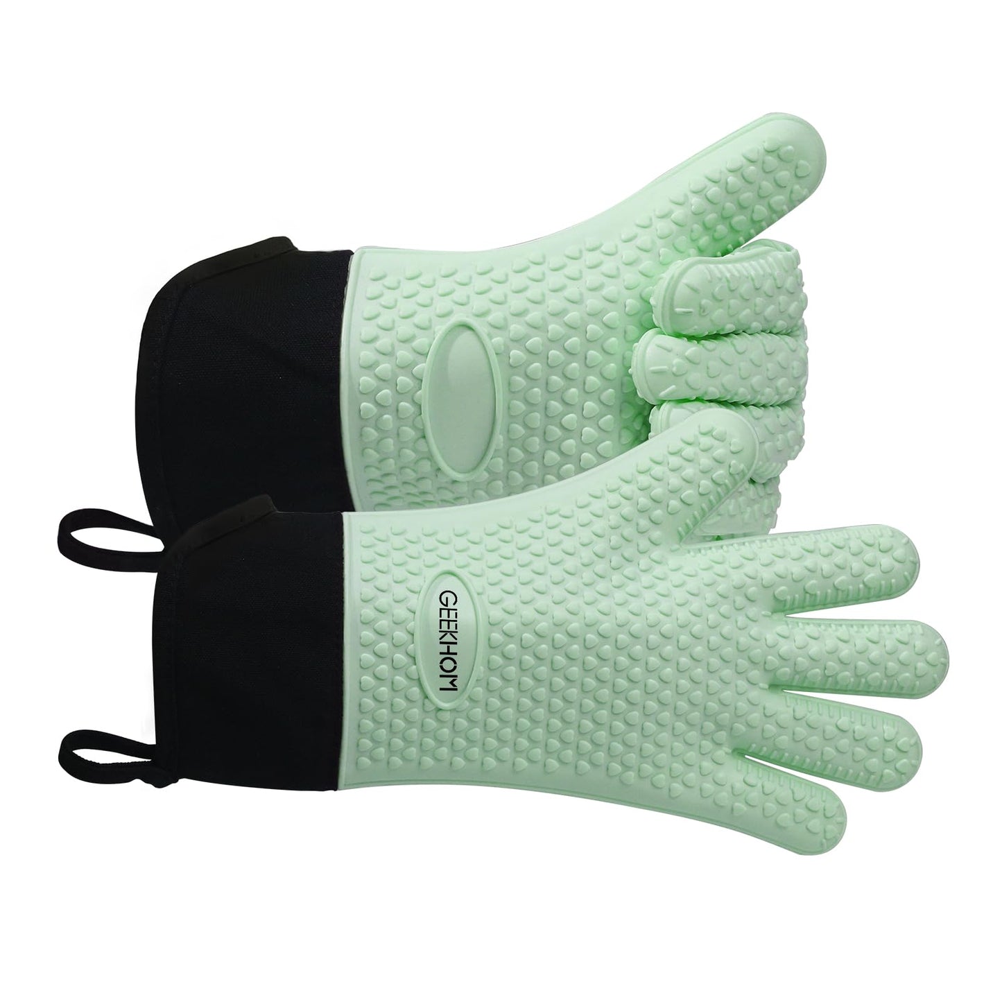 GEEKHOM BBQ Gloves, Grilling Gloves Heat Resistant Oven Gloves, Kitchen Silicone Oven Mitts, Long Waterproof Non-Slip Pot Holder for Barbecue, Cooking, Baking, Black