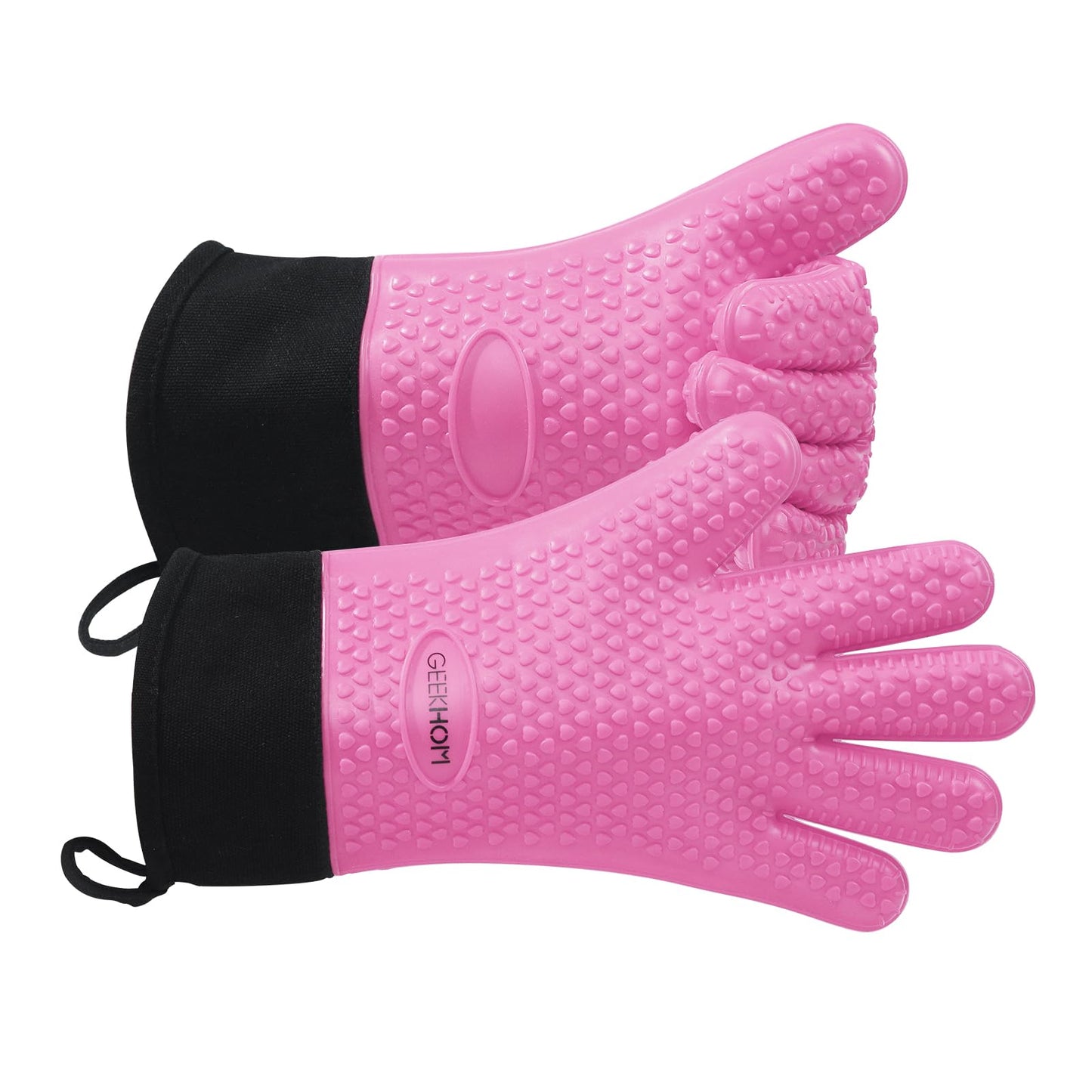 GEEKHOM BBQ Gloves, Grilling Gloves Heat Resistant Oven Gloves, Kitchen Silicone Oven Mitts, Long Waterproof Non-Slip Pot Holder for Barbecue, Cooking, Baking, Black