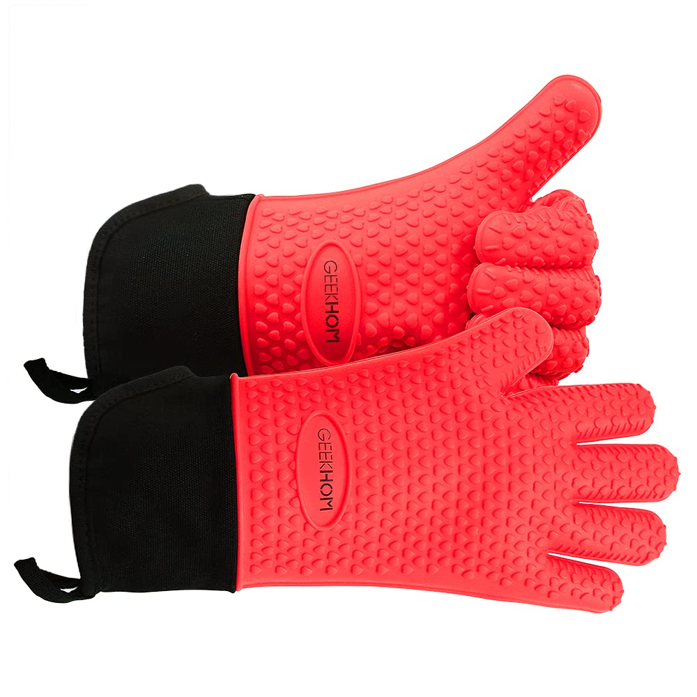GEEKHOM BBQ Gloves, Grilling Gloves Heat Resistant Oven Gloves, Kitchen Silicone Oven Mitts, Long Waterproof Non-Slip Pot Holder for Barbecue, Cooking, Baking, Black