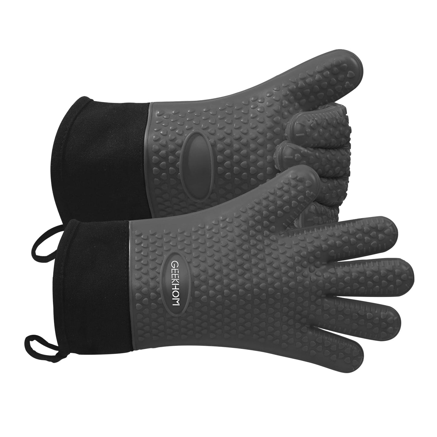 GEEKHOM BBQ Gloves, Grilling Gloves Heat Resistant Oven Gloves, Kitchen Silicone Oven Mitts, Long Waterproof Non-Slip Pot Holder for Barbecue, Cooking, Baking, Black