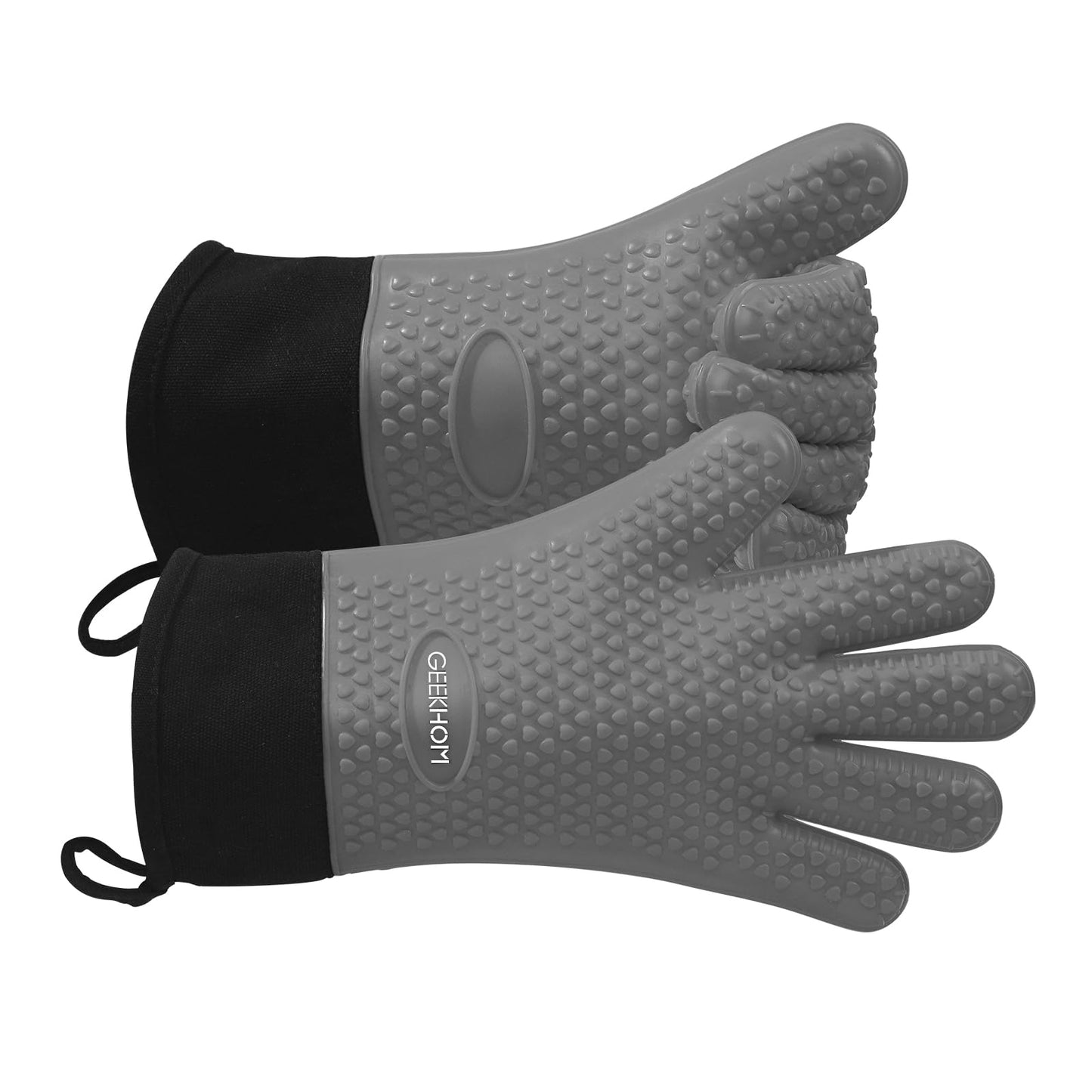 GEEKHOM BBQ Gloves, Grilling Gloves Heat Resistant Oven Gloves, Kitchen Silicone Oven Mitts, Long Waterproof Non-Slip Pot Holder for Barbecue, Cooking, Baking, Black