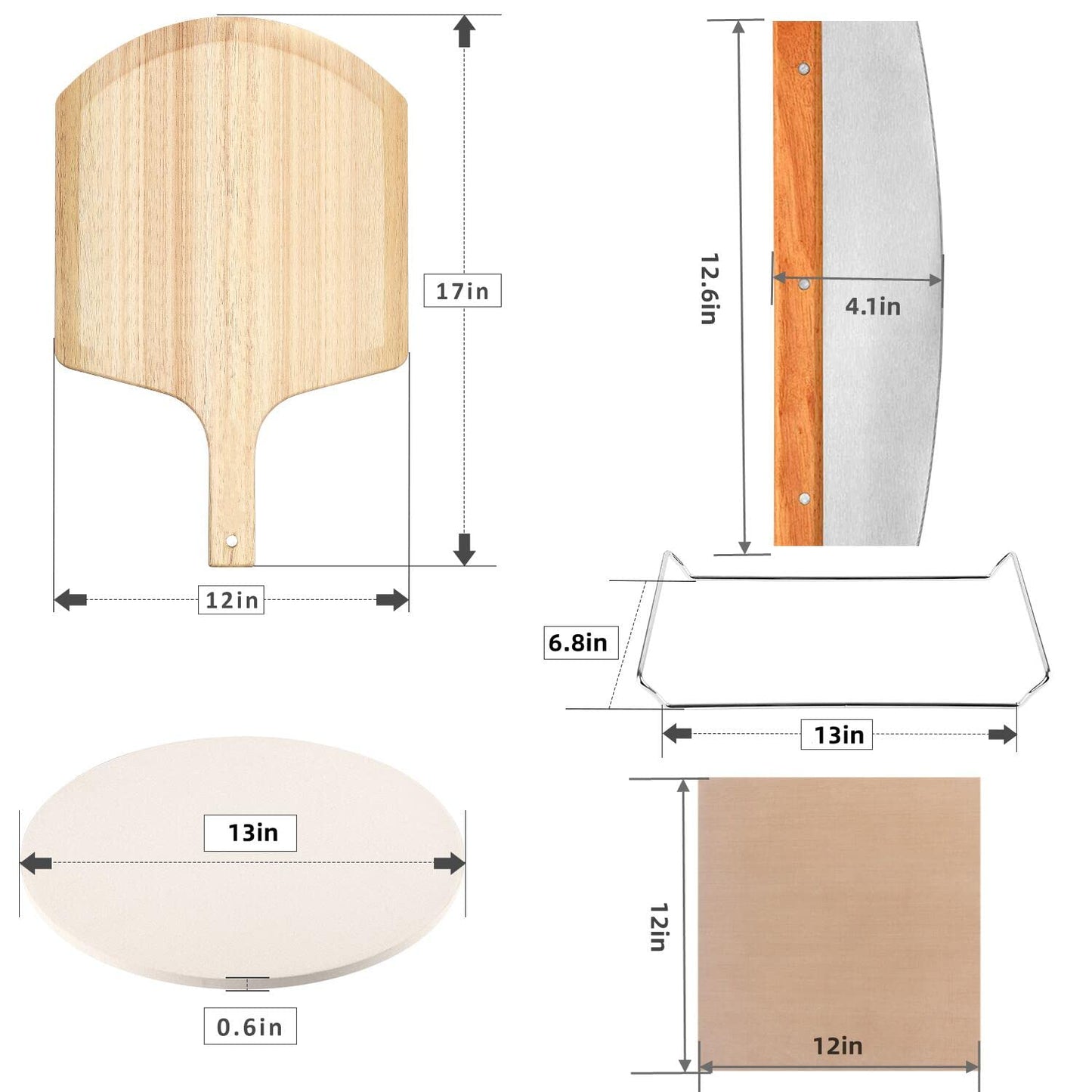 5 PCS Round Pizza Stone Set, 13" Pizza Stone for Oven and Grill with Pizza Peel(OAK),Serving Rack, Pizza Cutter & 10pcs Cooking Paper for Free, Baking Stone for Pizza, Bread