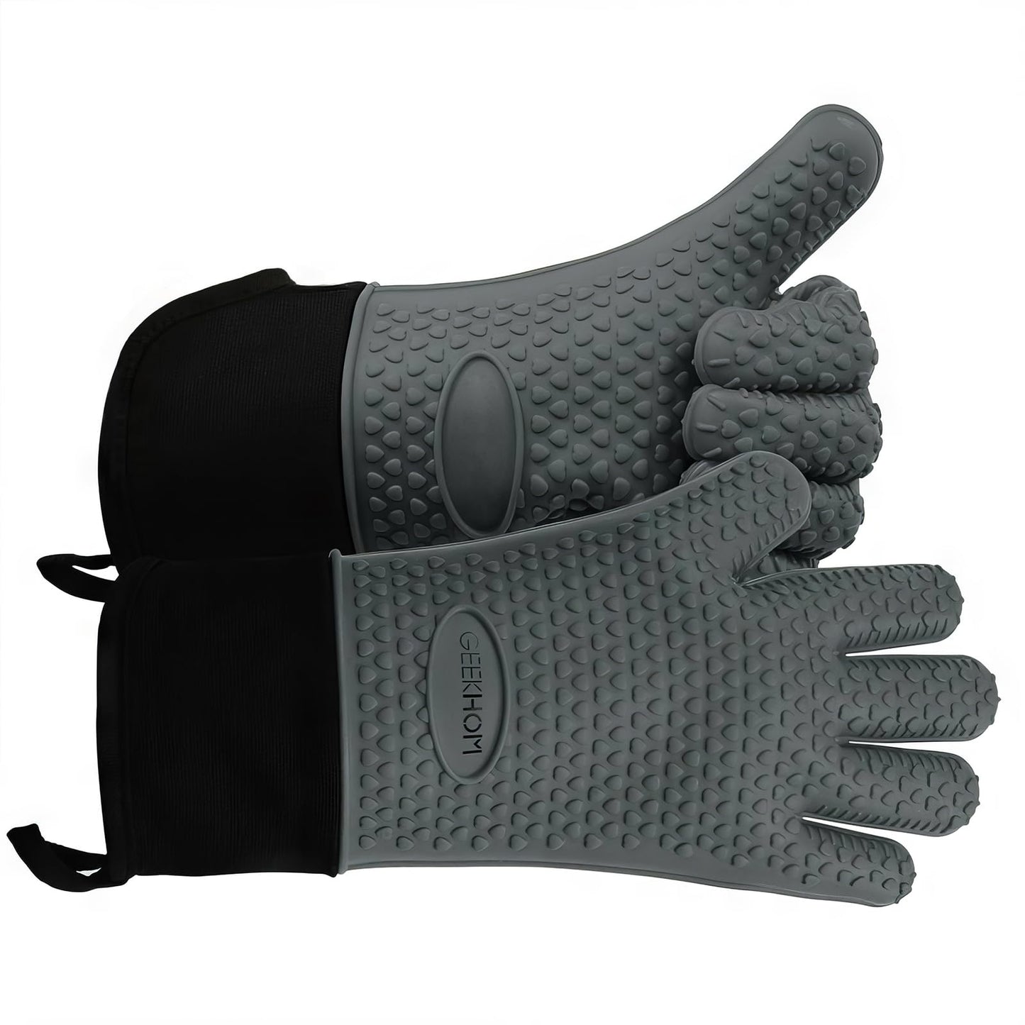GEEKHOM BBQ Gloves, Grilling Gloves Heat Resistant Oven Gloves, Kitchen Silicone Oven Mitts, Long Waterproof Non-Slip Pot Holder for Barbecue, Cooking, Baking, Black