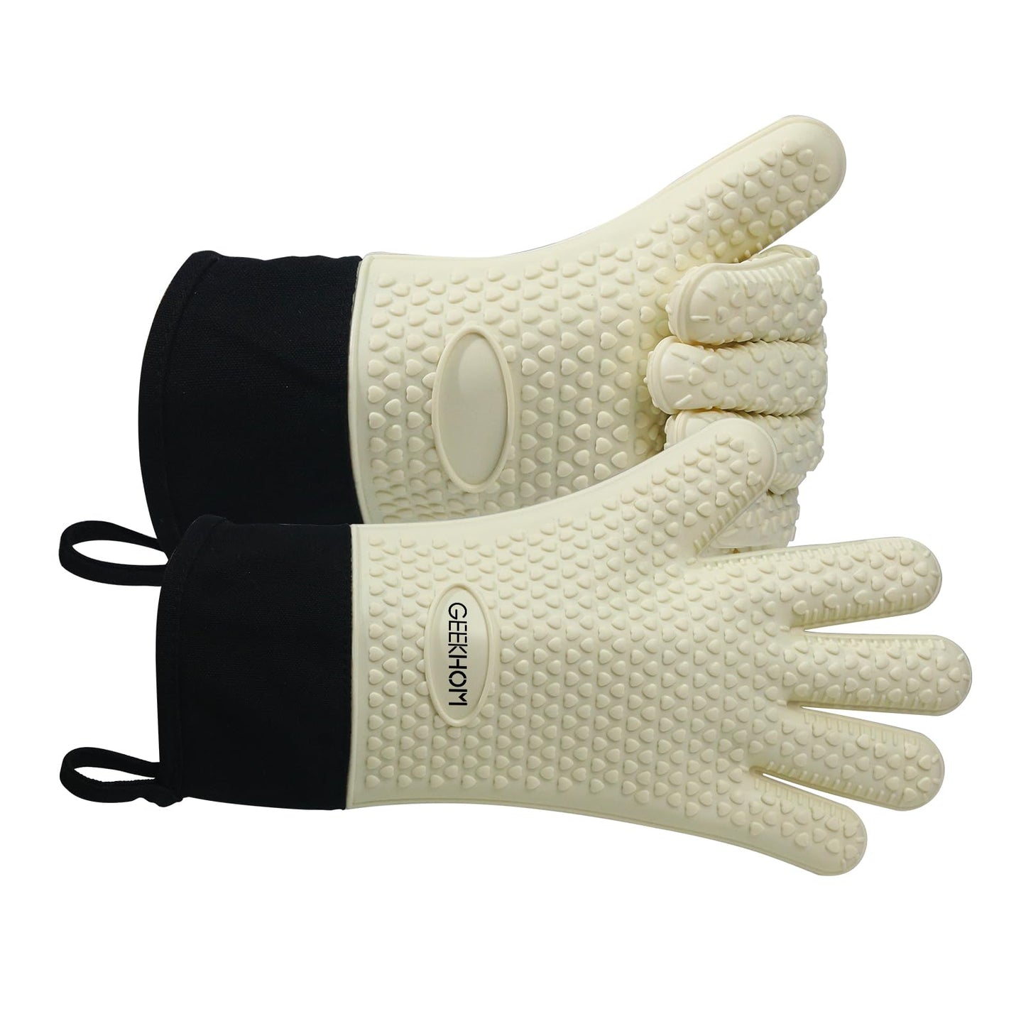 GEEKHOM BBQ Gloves, Grilling Gloves Heat Resistant Oven Gloves, Kitchen Silicone Oven Mitts, Long Waterproof Non-Slip Pot Holder for Barbecue, Cooking, Baking, Black