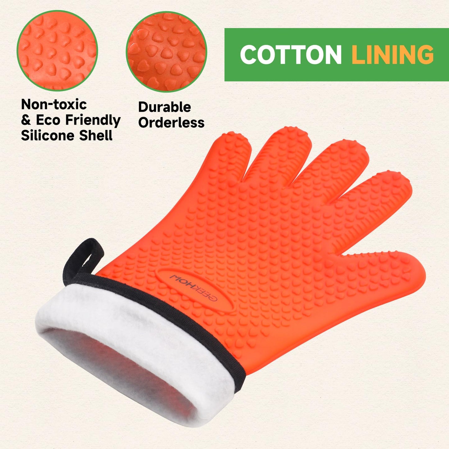 GEEKHOM BBQ Gloves, Grilling Gloves Heat Resistant Oven Gloves, Kitchen Silicone Oven Mitts, Long Waterproof Non-Slip Pot Holder for Barbecue, Cooking, Baking, Black