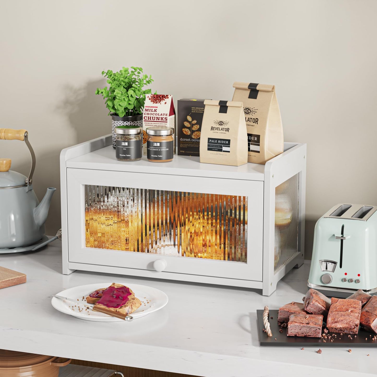 BAMBANG Extra Large Bamboo Bread Box for Kitchen Counter, Bread Storage Container Farmhouse Bread Box with 4 Sides Transparency, Wooden Breadbox Bread Bin Holder for Homemade Bread, Natural