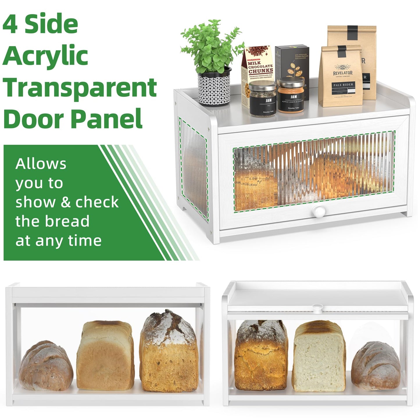 BAMBANG Extra Large Bamboo Bread Box for Kitchen Counter, Bread Storage Container Farmhouse Bread Box with 4 Sides Transparency, Wooden Breadbox Bread Bin Holder for Homemade Bread, Natural