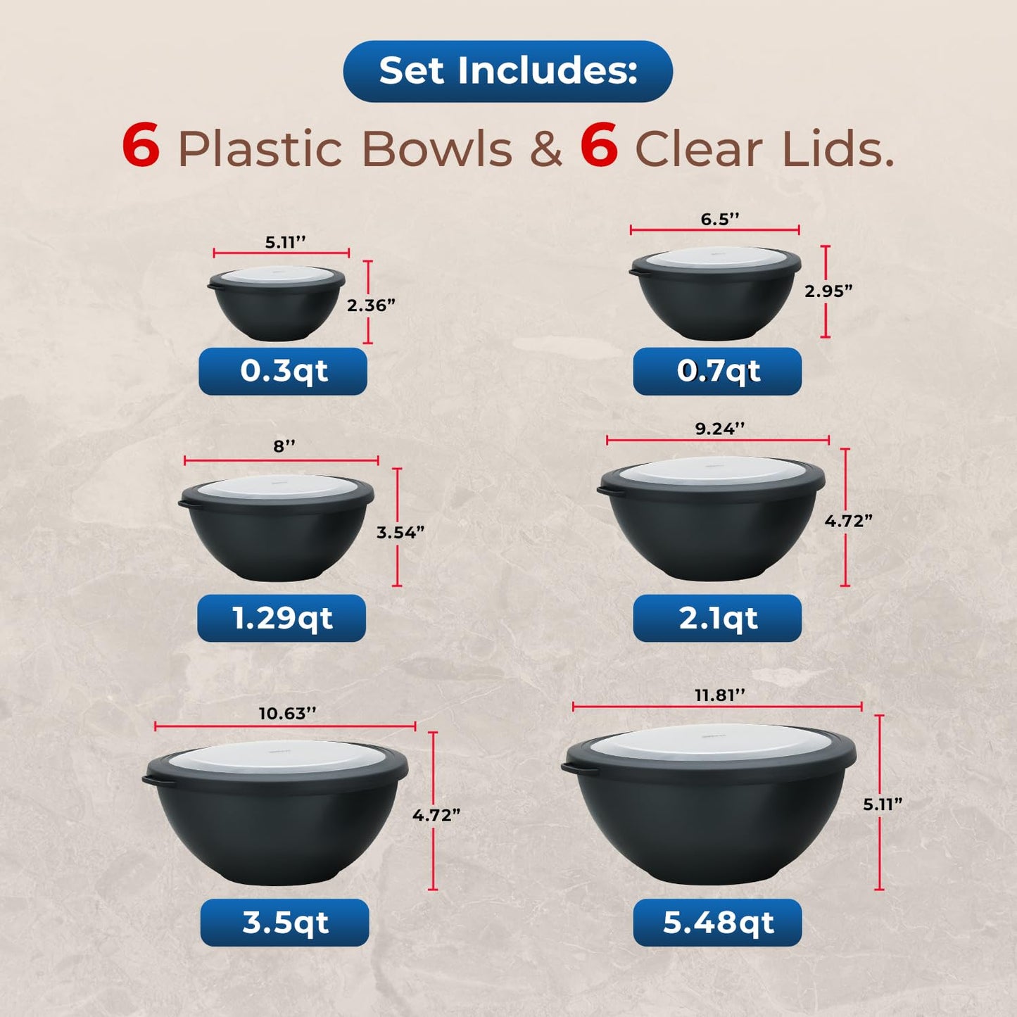 12 Piece Plastic Nesting Bowls with Lids - Mixing Bowls Set includes 6 Prep Bowls and 6 Lids, BPA-Free, Reusable Meal Prep Containers, Microwave, Freezer & Dishwasher Safe, White Cream