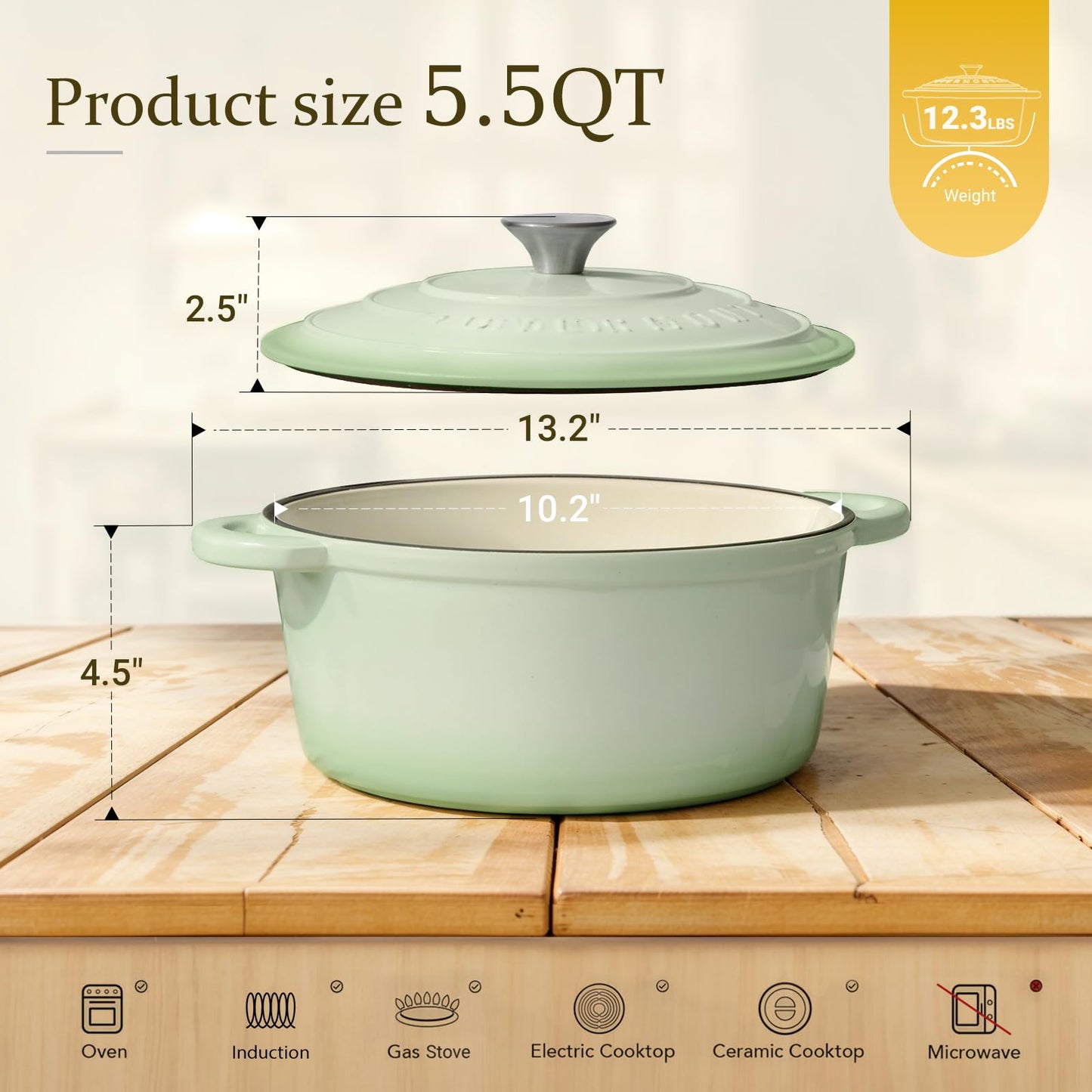 Overmont Enameled Cast Iron Dutch Oven - 5.5QT Pot with Lid Cookbook & Cotton Potholders - Heavy-Duty Cookware for Braising, Stews, Roasting, Bread Baking white