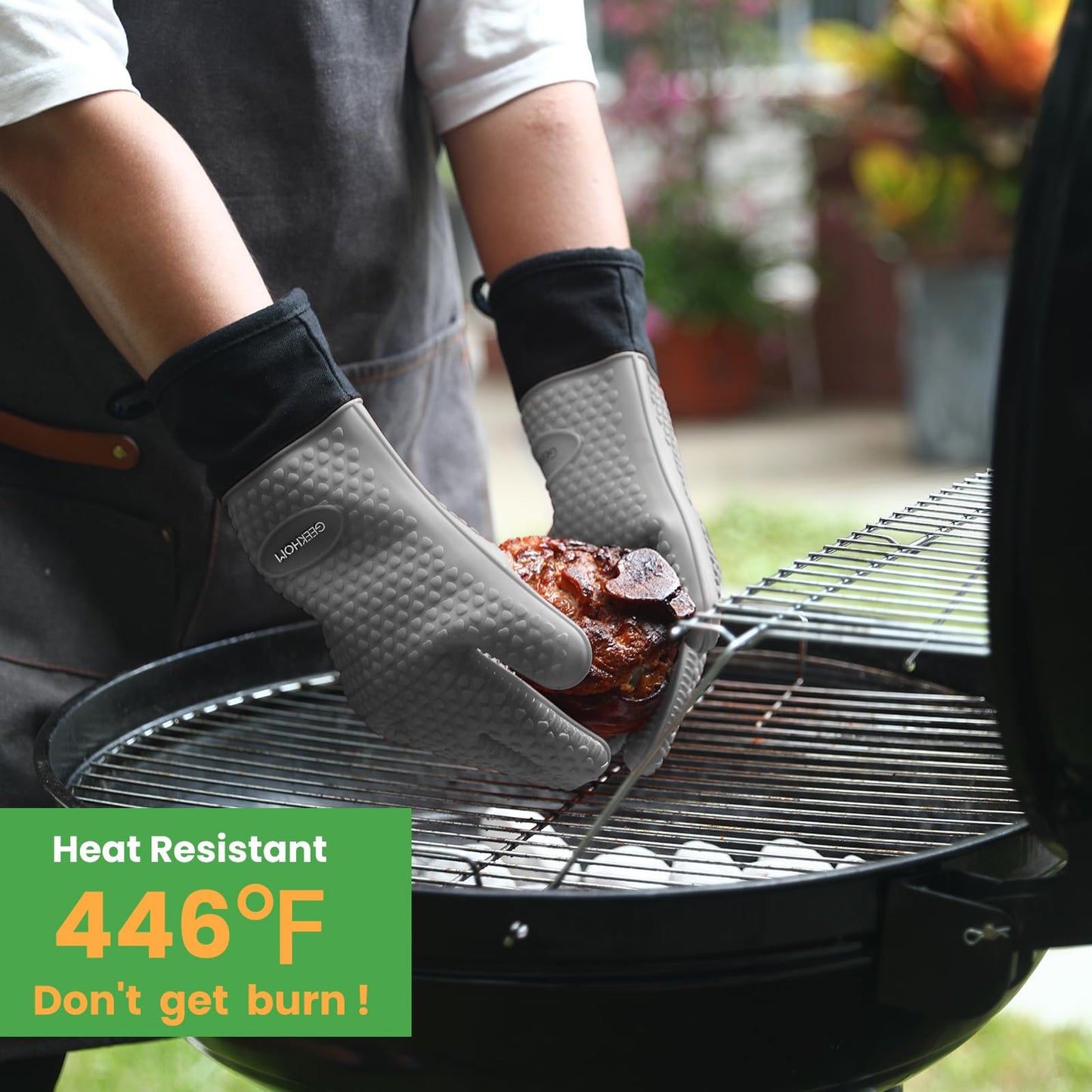 GEEKHOM BBQ Gloves, Grilling Gloves Heat Resistant Oven Gloves, Kitchen Silicone Oven Mitts, Long Waterproof Non-Slip Pot Holder for Barbecue, Cooking, Baking, Black