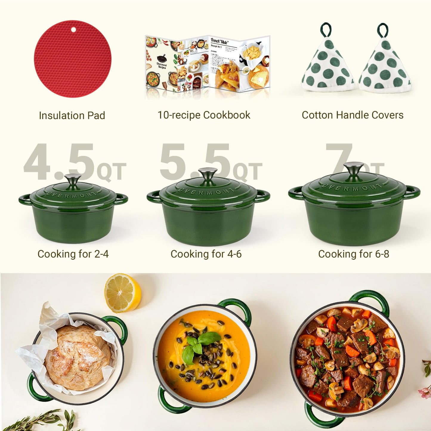 Overmont Enameled Cast Iron Dutch Oven - 5.5QT Pot with Lid Cookbook & Cotton Potholders - Heavy-Duty Cookware for Braising, Stews, Roasting, Bread Baking white