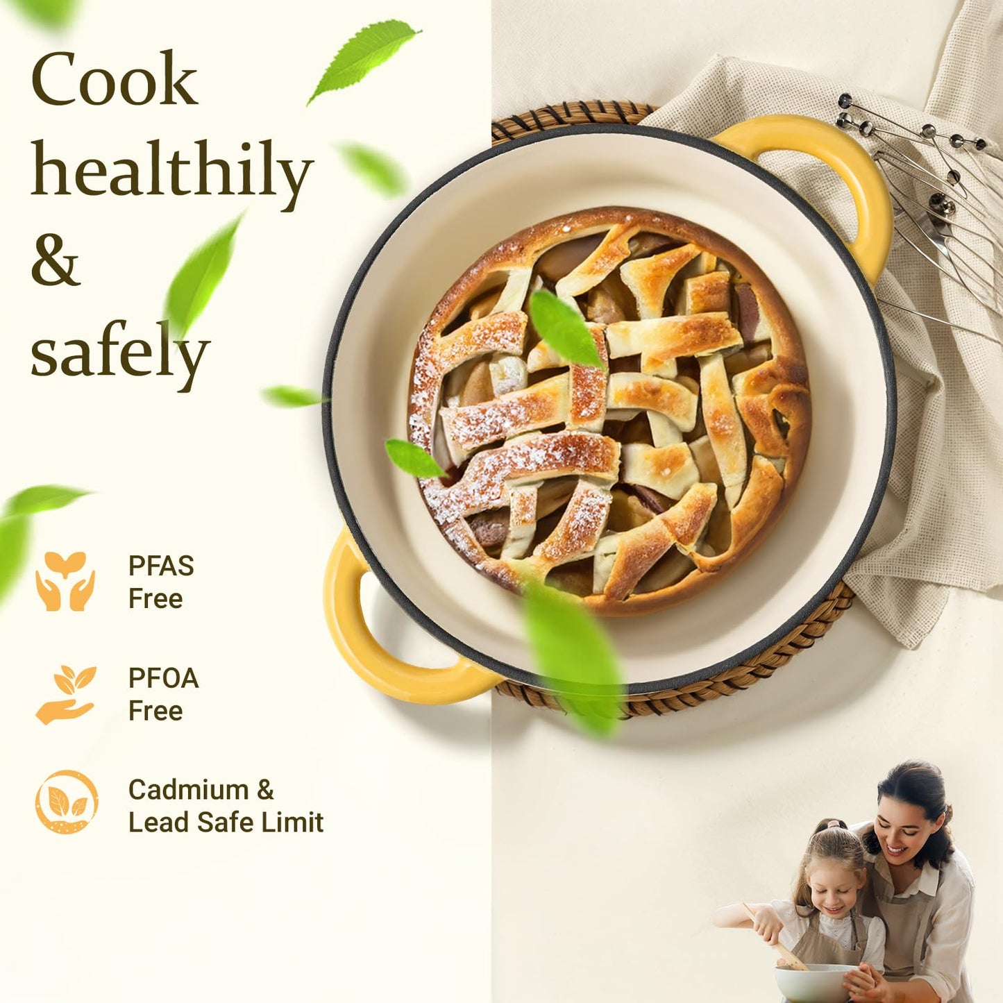 Overmont Enameled Cast Iron Dutch Oven - 5.5QT Pot with Lid Cookbook & Cotton Potholders - Heavy-Duty Cookware for Braising, Stews, Roasting, Bread Baking white