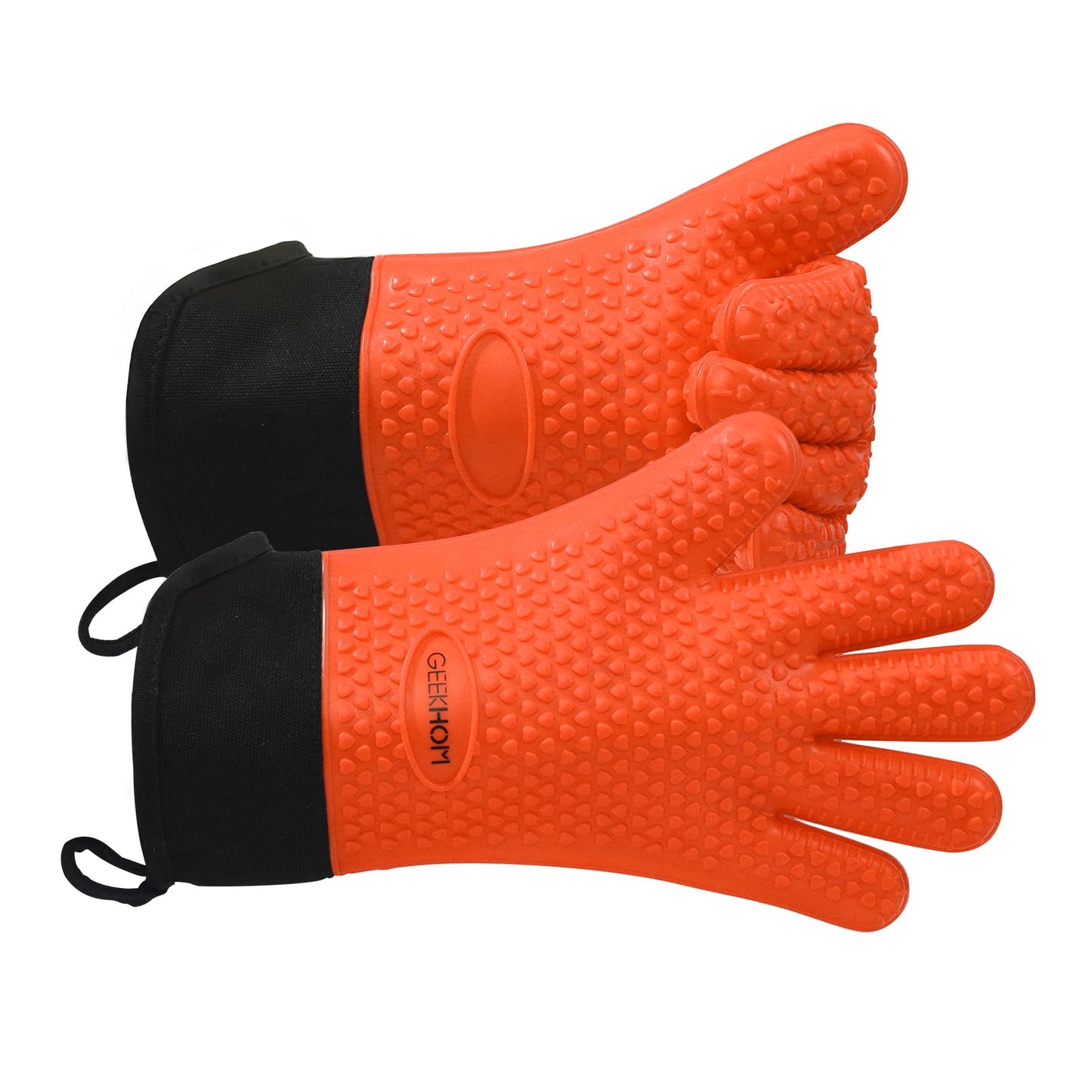GEEKHOM BBQ Gloves, Grilling Gloves Heat Resistant Oven Gloves, Kitchen Silicone Oven Mitts, Long Waterproof Non-Slip Pot Holder for Barbecue, Cooking, Baking, Black