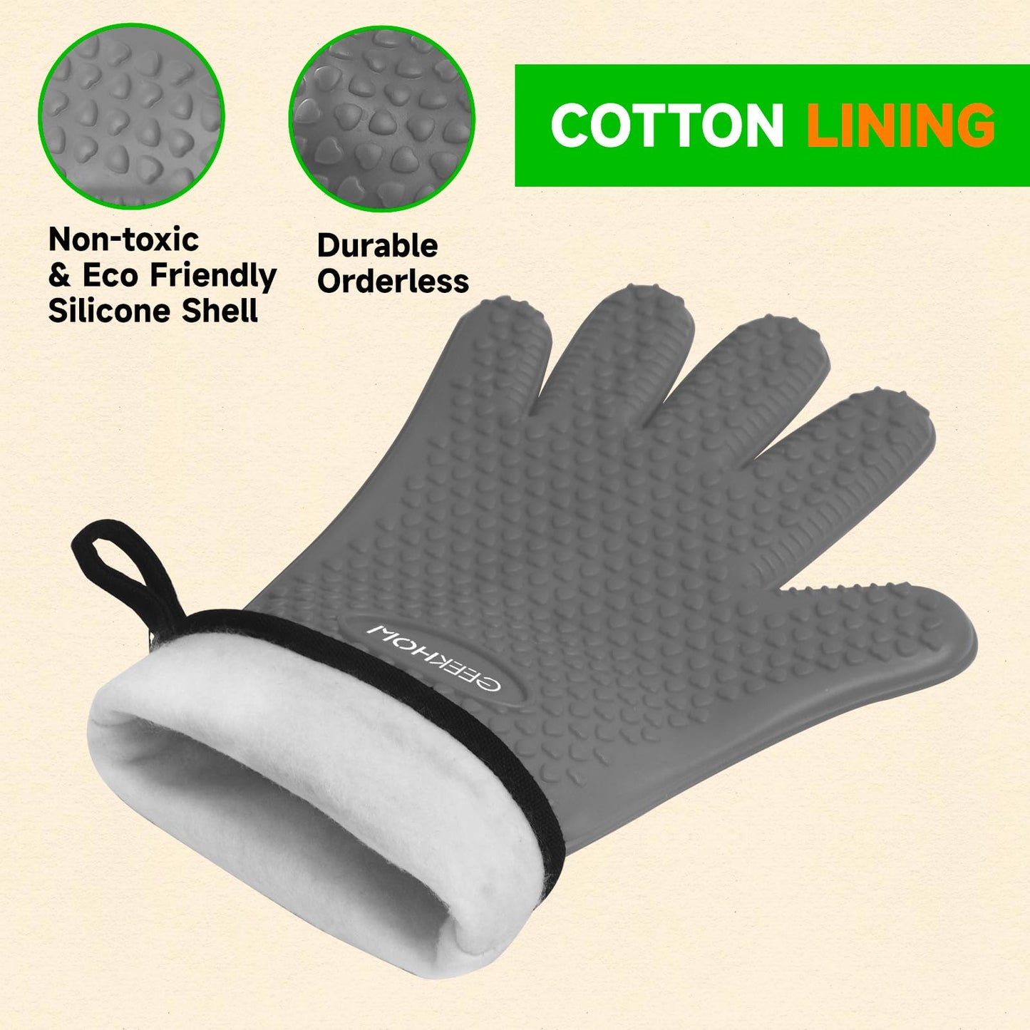 GEEKHOM BBQ Gloves, Grilling Gloves Heat Resistant Oven Gloves, Kitchen Silicone Oven Mitts, Long Waterproof Non-Slip Pot Holder for Barbecue, Cooking, Baking, Black