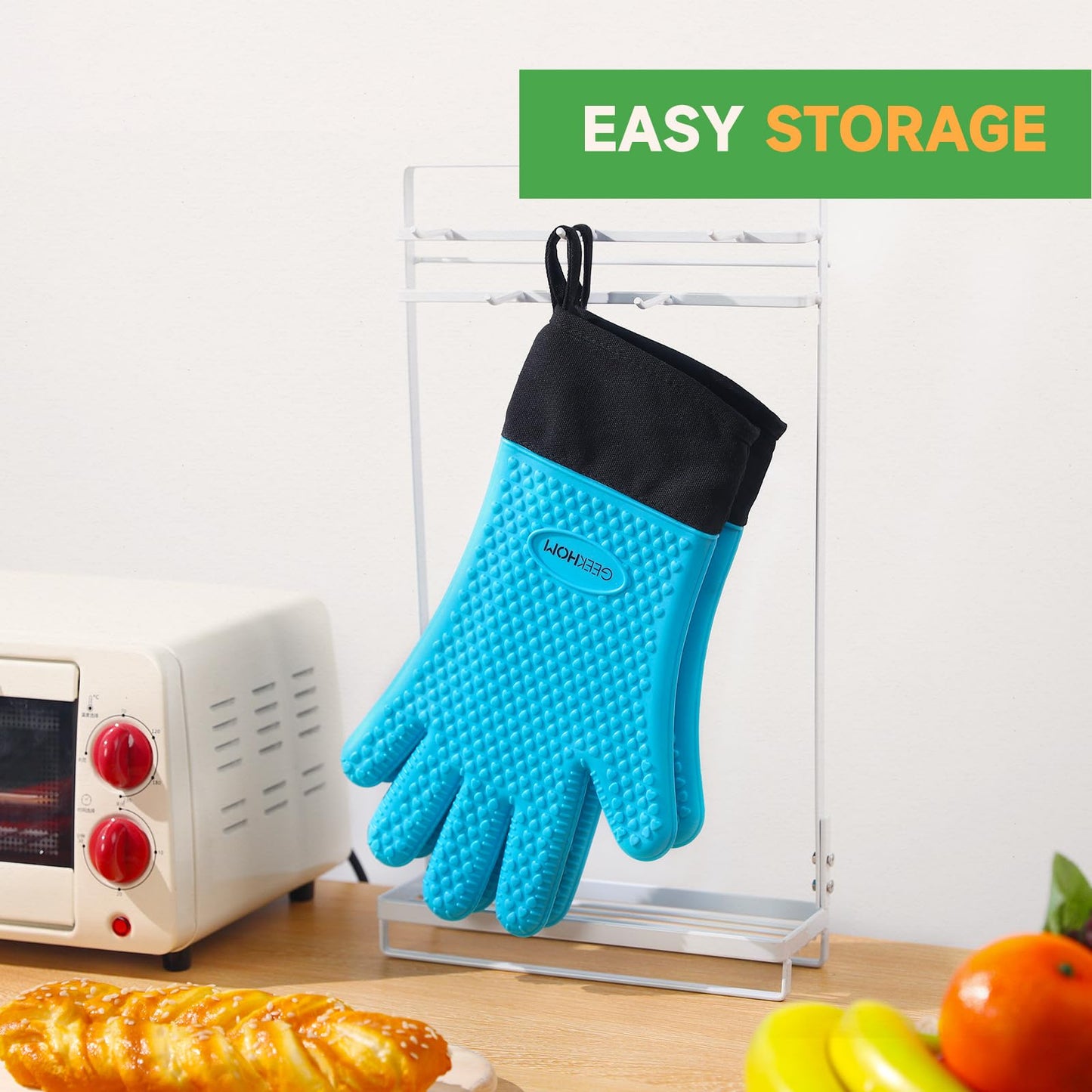 GEEKHOM BBQ Gloves, Grilling Gloves Heat Resistant Oven Gloves, Kitchen Silicone Oven Mitts, Long Waterproof Non-Slip Pot Holder for Barbecue, Cooking, Baking, Black