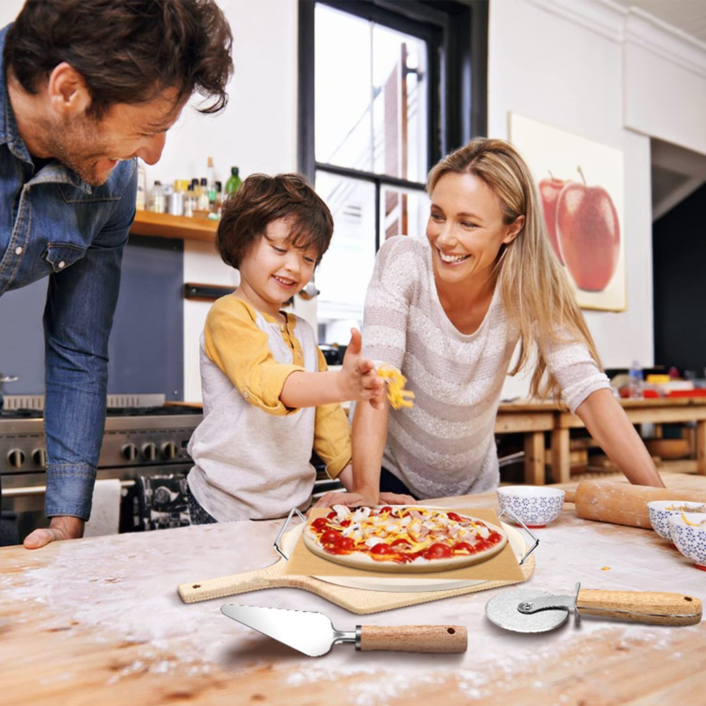5 PCS Round Pizza Stone Set, 13" Pizza Stone for Oven and Grill with Pizza Peel(OAK),Serving Rack, Pizza Cutter & 10pcs Cooking Paper for Free, Baking Stone for Pizza, Bread