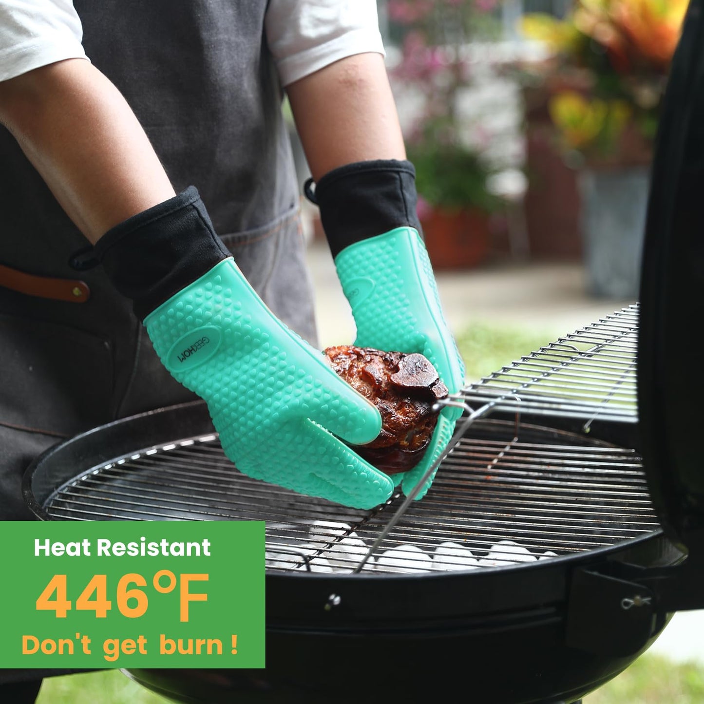 GEEKHOM BBQ Gloves, Grilling Gloves Heat Resistant Oven Gloves, Kitchen Silicone Oven Mitts, Long Waterproof Non-Slip Pot Holder for Barbecue, Cooking, Baking, Black