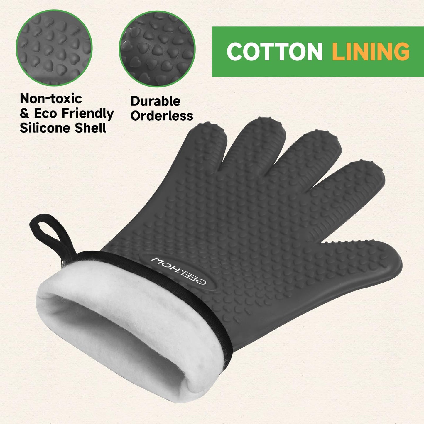GEEKHOM BBQ Gloves, Grilling Gloves Heat Resistant Oven Gloves, Kitchen Silicone Oven Mitts, Long Waterproof Non-Slip Pot Holder for Barbecue, Cooking, Baking, Black