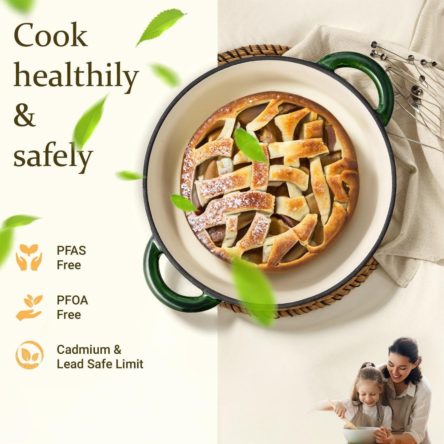Overmont Enameled Cast Iron Dutch Oven - 5.5QT Pot with Lid Cookbook & Cotton Potholders - Heavy-Duty Cookware for Braising, Stews, Roasting, Bread Baking white