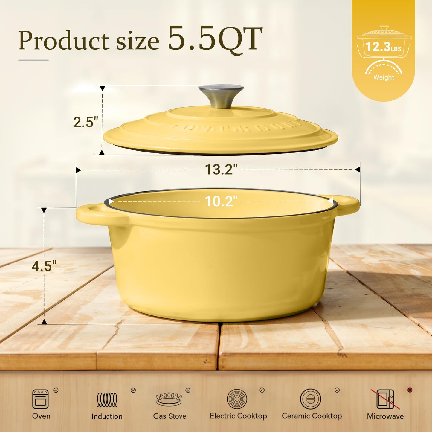 Overmont Enameled Cast Iron Dutch Oven - 5.5QT Pot with Lid Cookbook & Cotton Potholders - Heavy-Duty Cookware for Braising, Stews, Roasting, Bread Baking white