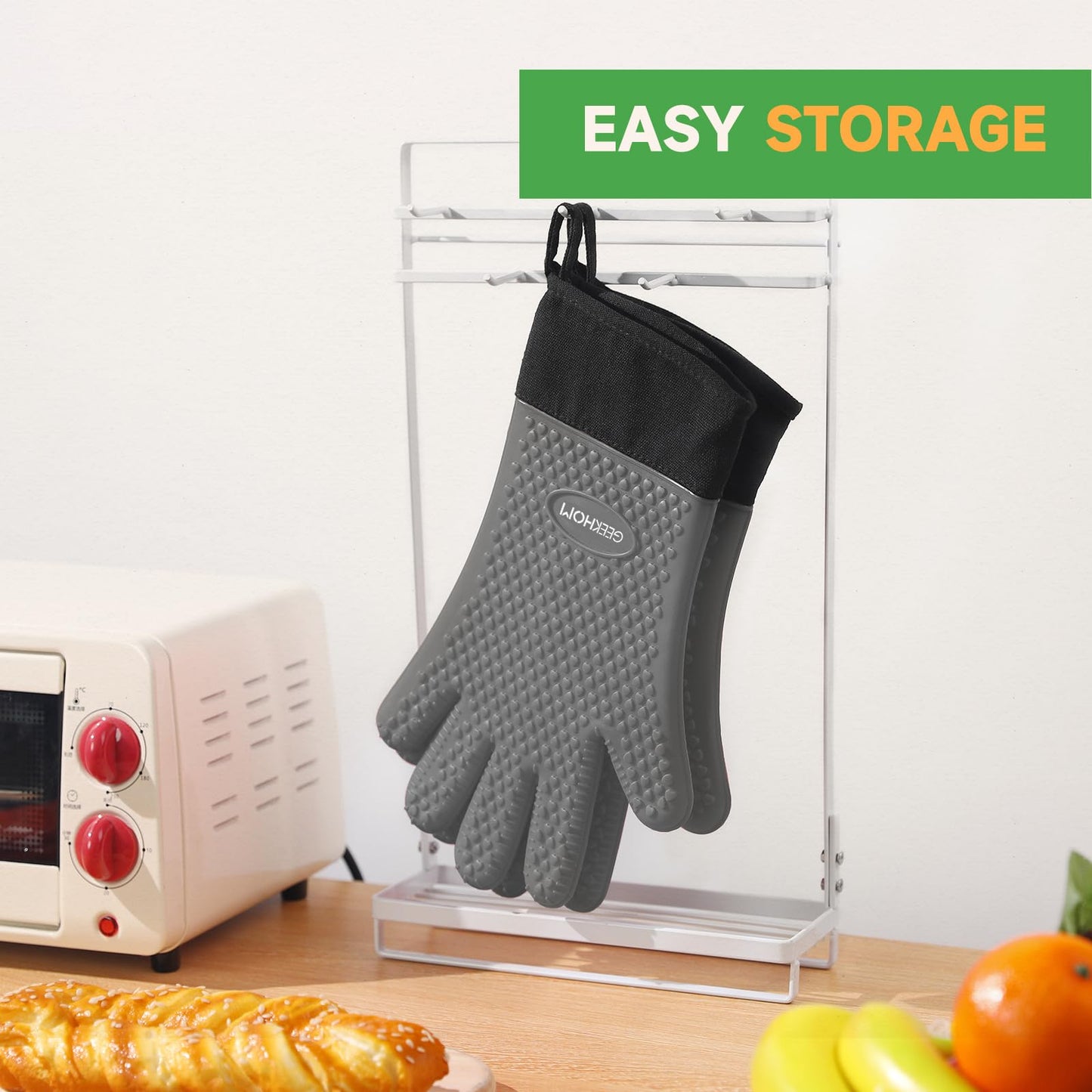 GEEKHOM BBQ Gloves, Grilling Gloves Heat Resistant Oven Gloves, Kitchen Silicone Oven Mitts, Long Waterproof Non-Slip Pot Holder for Barbecue, Cooking, Baking, Black