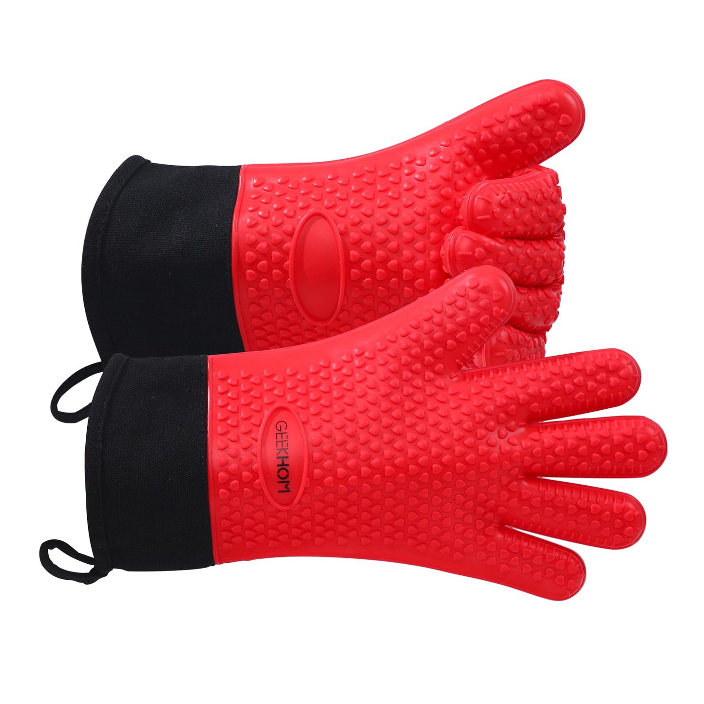 GEEKHOM BBQ Gloves, Grilling Gloves Heat Resistant Oven Gloves, Kitchen Silicone Oven Mitts, Long Waterproof Non-Slip Pot Holder for Barbecue, Cooking, Baking, Black