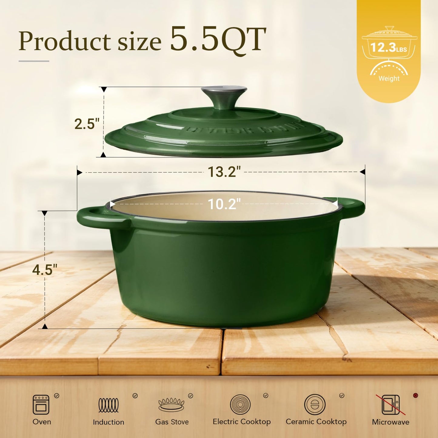 Overmont Enameled Cast Iron Dutch Oven - 5.5QT Pot with Lid Cookbook & Cotton Potholders - Heavy-Duty Cookware for Braising, Stews, Roasting, Bread Baking white