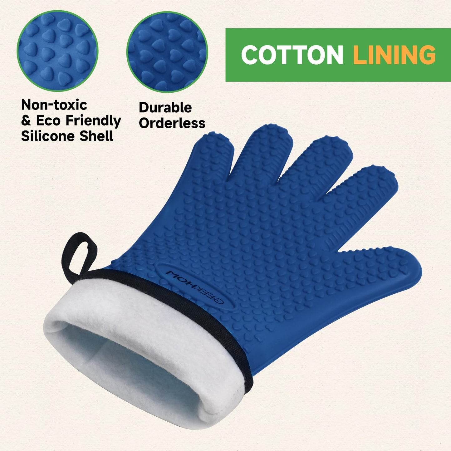 GEEKHOM BBQ Gloves, Grilling Gloves Heat Resistant Oven Gloves, Kitchen Silicone Oven Mitts, Long Waterproof Non-Slip Pot Holder for Barbecue, Cooking, Baking, Black