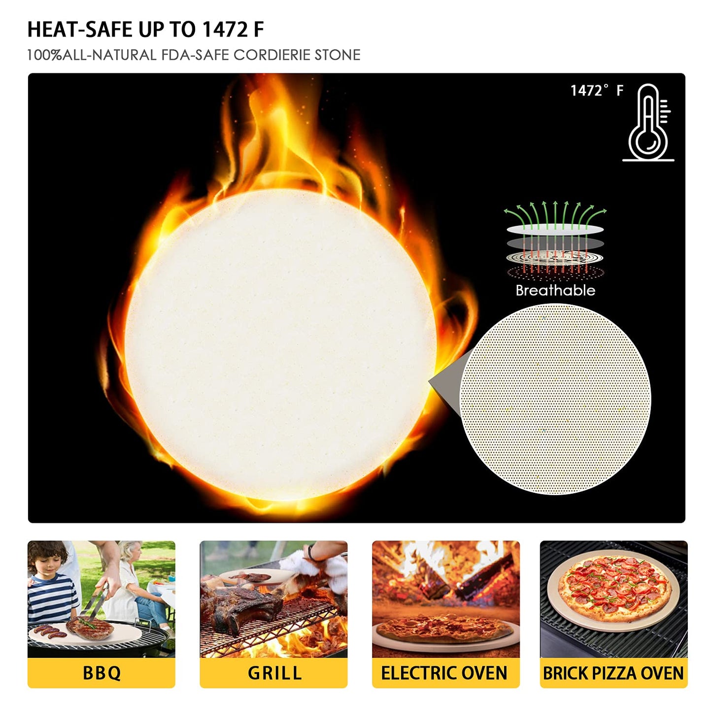 5 PCS Round Pizza Stone Set, 13" Pizza Stone for Oven and Grill with Pizza Peel(OAK),Serving Rack, Pizza Cutter & 10pcs Cooking Paper for Free, Baking Stone for Pizza, Bread