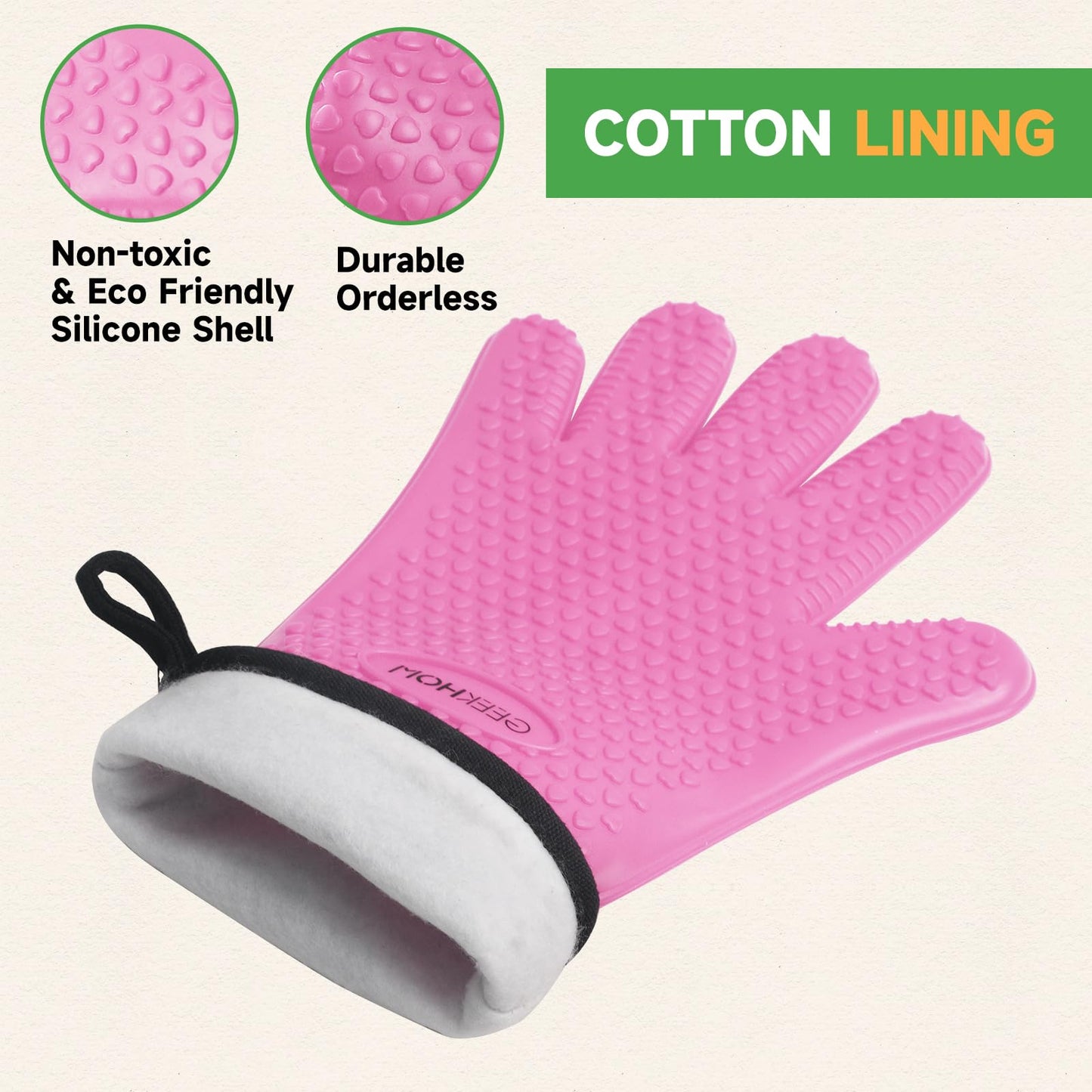 GEEKHOM BBQ Gloves, Grilling Gloves Heat Resistant Oven Gloves, Kitchen Silicone Oven Mitts, Long Waterproof Non-Slip Pot Holder for Barbecue, Cooking, Baking, Black