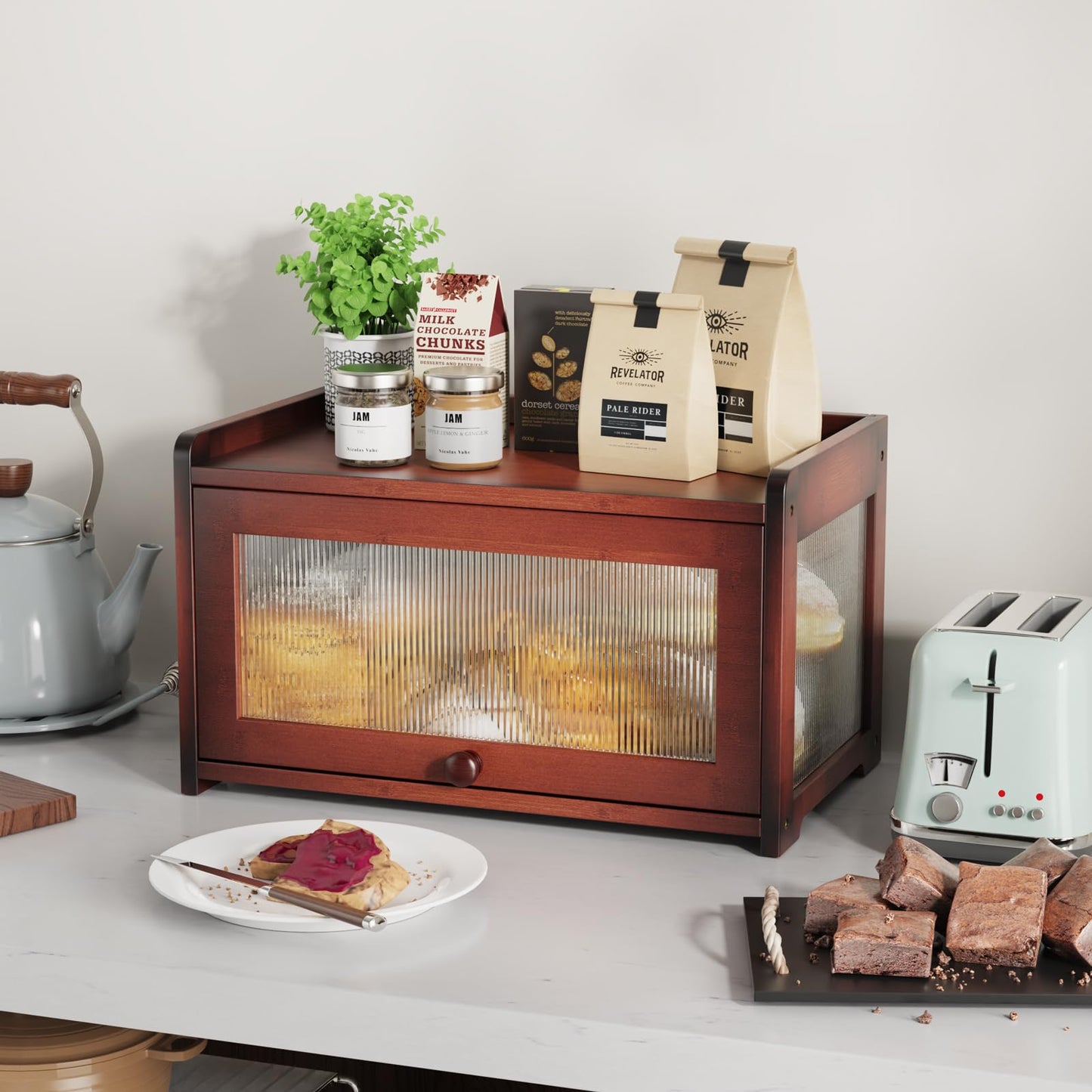 BAMBANG Extra Large Bamboo Bread Box for Kitchen Counter, Bread Storage Container Farmhouse Bread Box with 4 Sides Transparency, Wooden Breadbox Bread Bin Holder for Homemade Bread, Natural