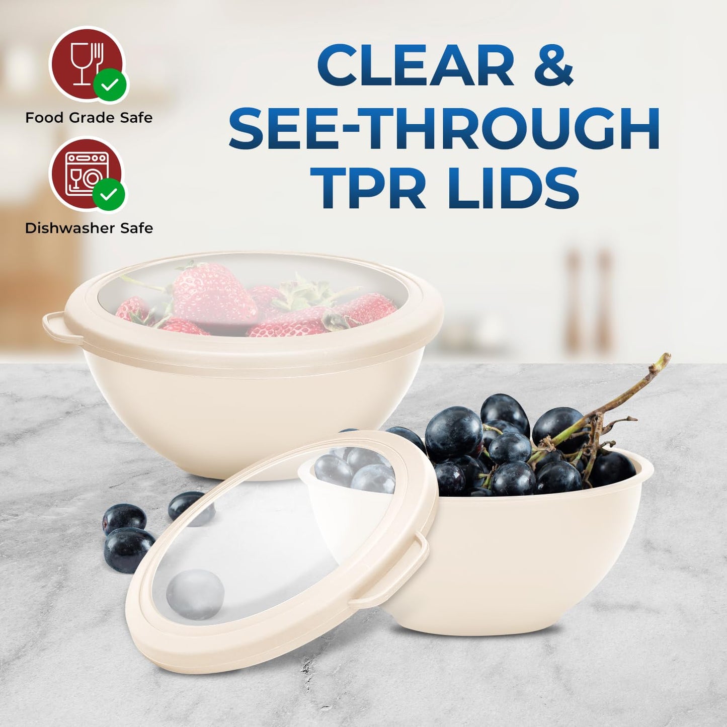 12 Piece Plastic Nesting Bowls with Lids - Mixing Bowls Set includes 6 Prep Bowls and 6 Lids, BPA-Free, Reusable Meal Prep Containers, Microwave, Freezer & Dishwasher Safe, White Cream