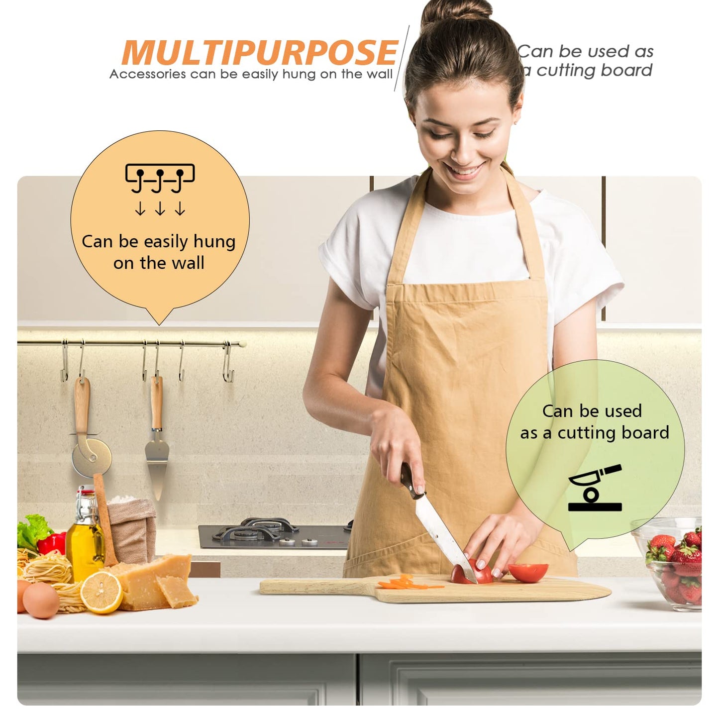 5 PCS Round Pizza Stone Set, 13" Pizza Stone for Oven and Grill with Pizza Peel(OAK),Serving Rack, Pizza Cutter & 10pcs Cooking Paper for Free, Baking Stone for Pizza, Bread
