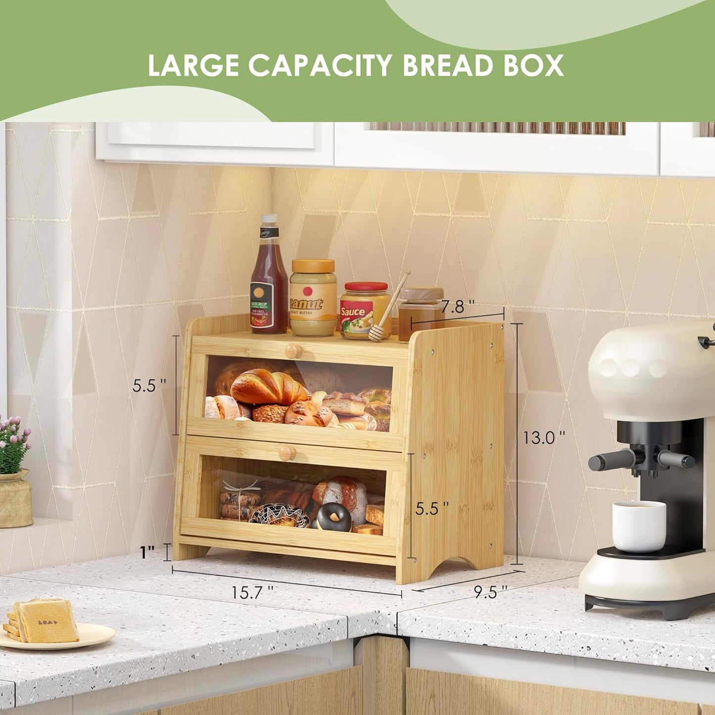 Double Layer Bread Box for Kitchen Countertop, Large Breadbox Bread with Windows, Wooden Farmhouse Bread Holder (Black)