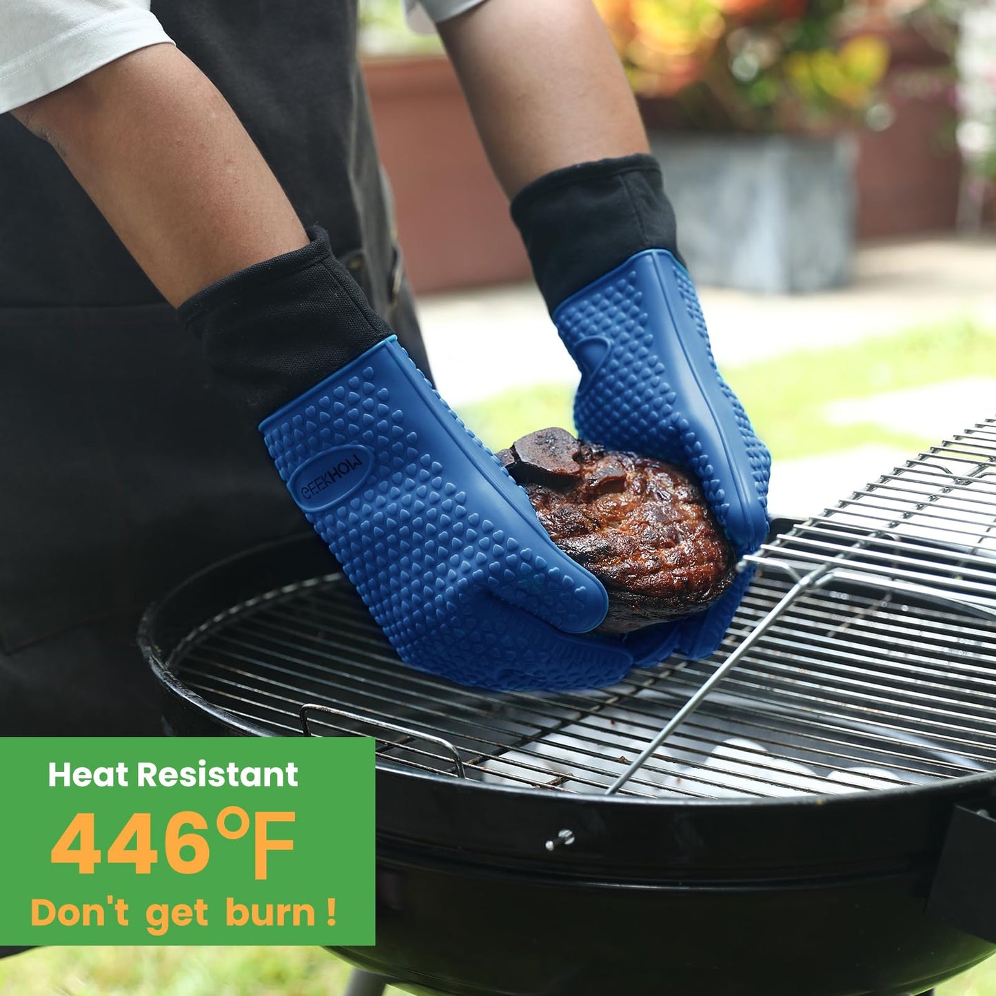 GEEKHOM BBQ Gloves, Grilling Gloves Heat Resistant Oven Gloves, Kitchen Silicone Oven Mitts, Long Waterproof Non-Slip Pot Holder for Barbecue, Cooking, Baking, Black