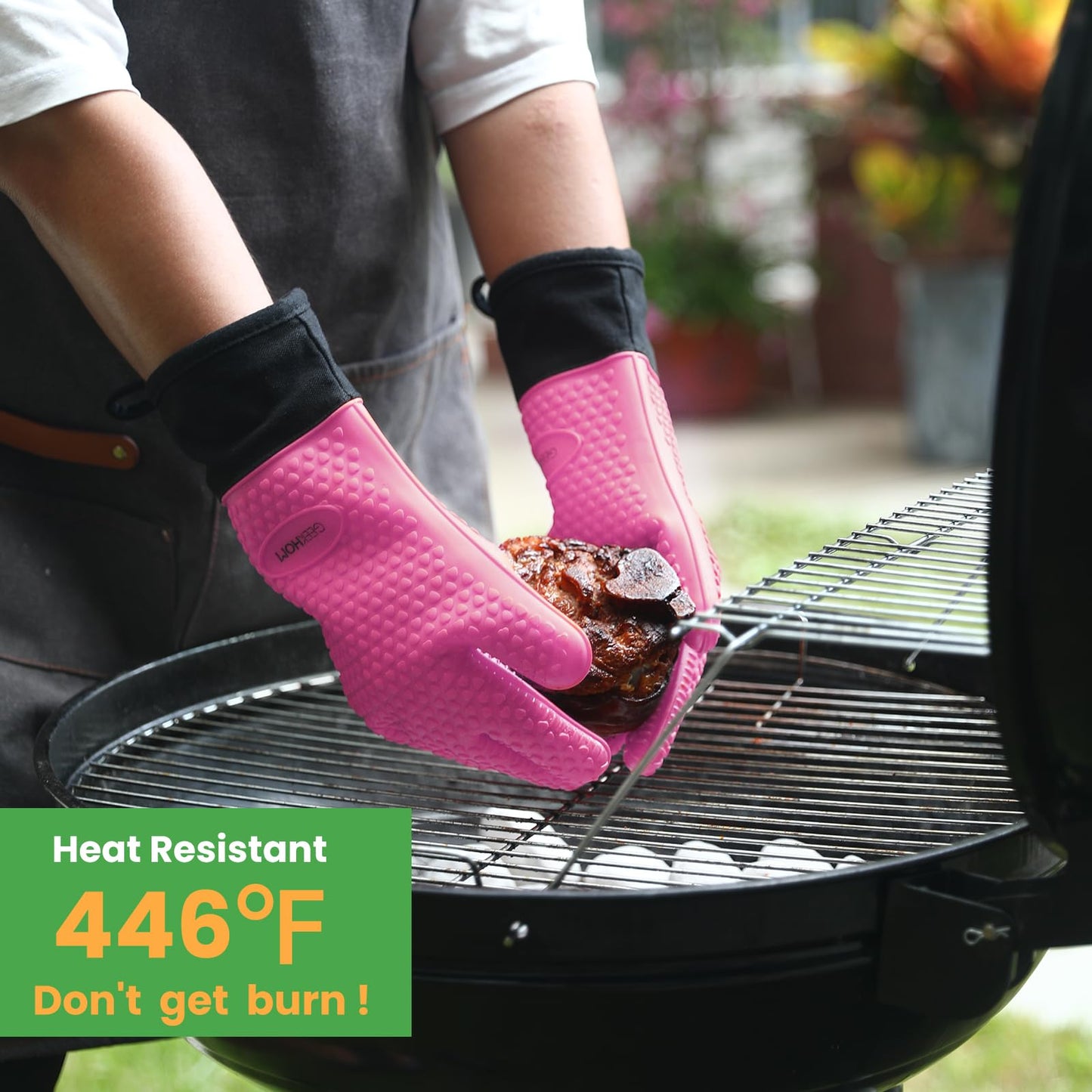 GEEKHOM BBQ Gloves, Grilling Gloves Heat Resistant Oven Gloves, Kitchen Silicone Oven Mitts, Long Waterproof Non-Slip Pot Holder for Barbecue, Cooking, Baking, Black