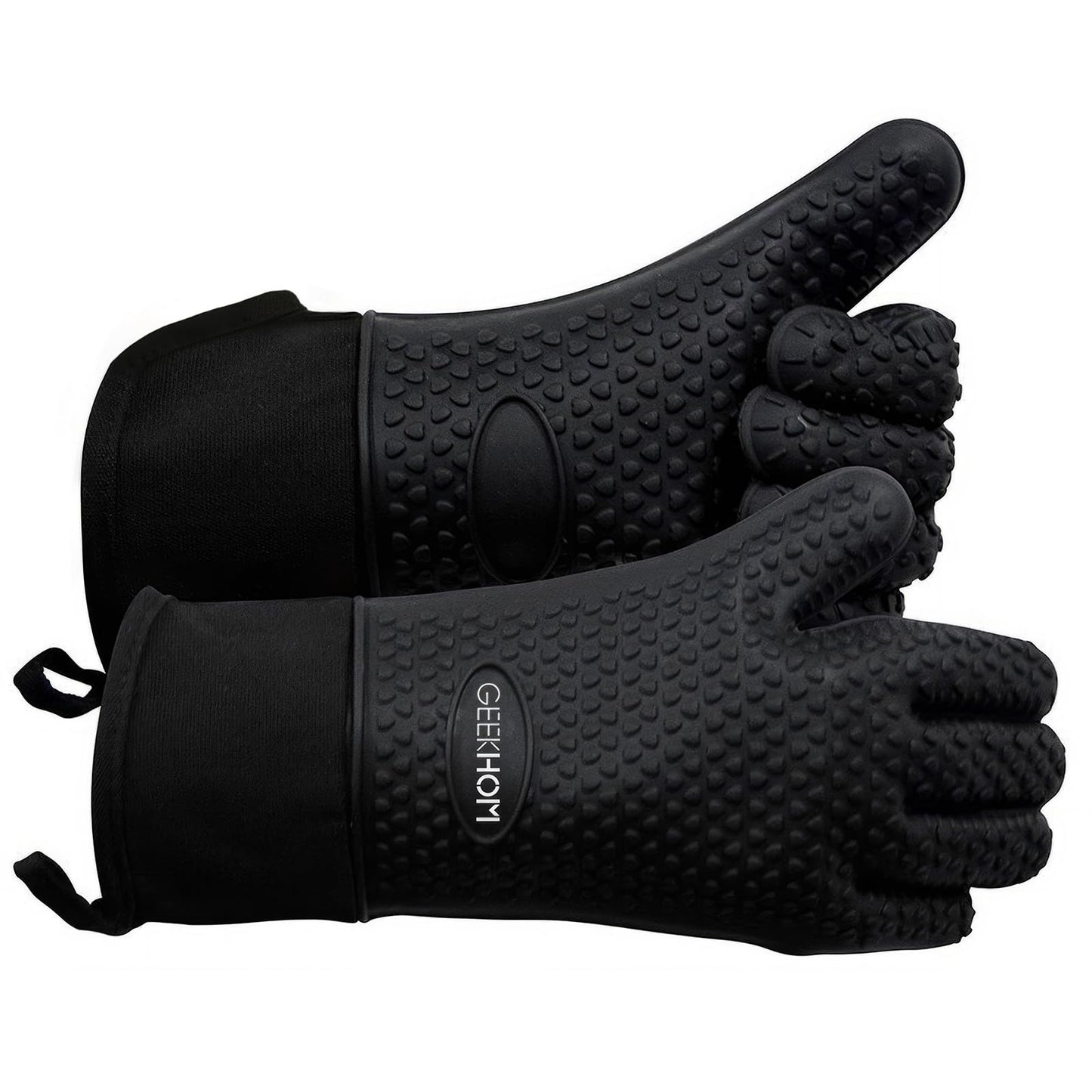 GEEKHOM BBQ Gloves, Grilling Gloves Heat Resistant Oven Gloves, Kitchen Silicone Oven Mitts, Long Waterproof Non-Slip Pot Holder for Barbecue, Cooking, Baking, Black