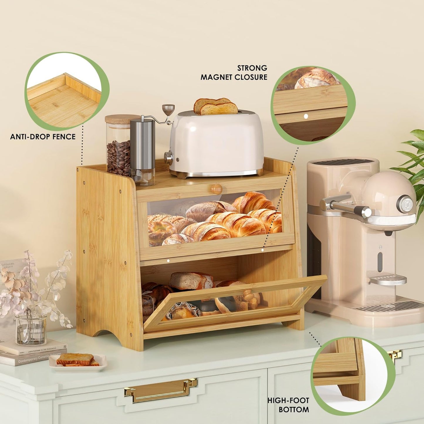 Double Layer Bread Box for Kitchen Countertop, Large Breadbox Bread with Windows, Wooden Farmhouse Bread Holder (Black)