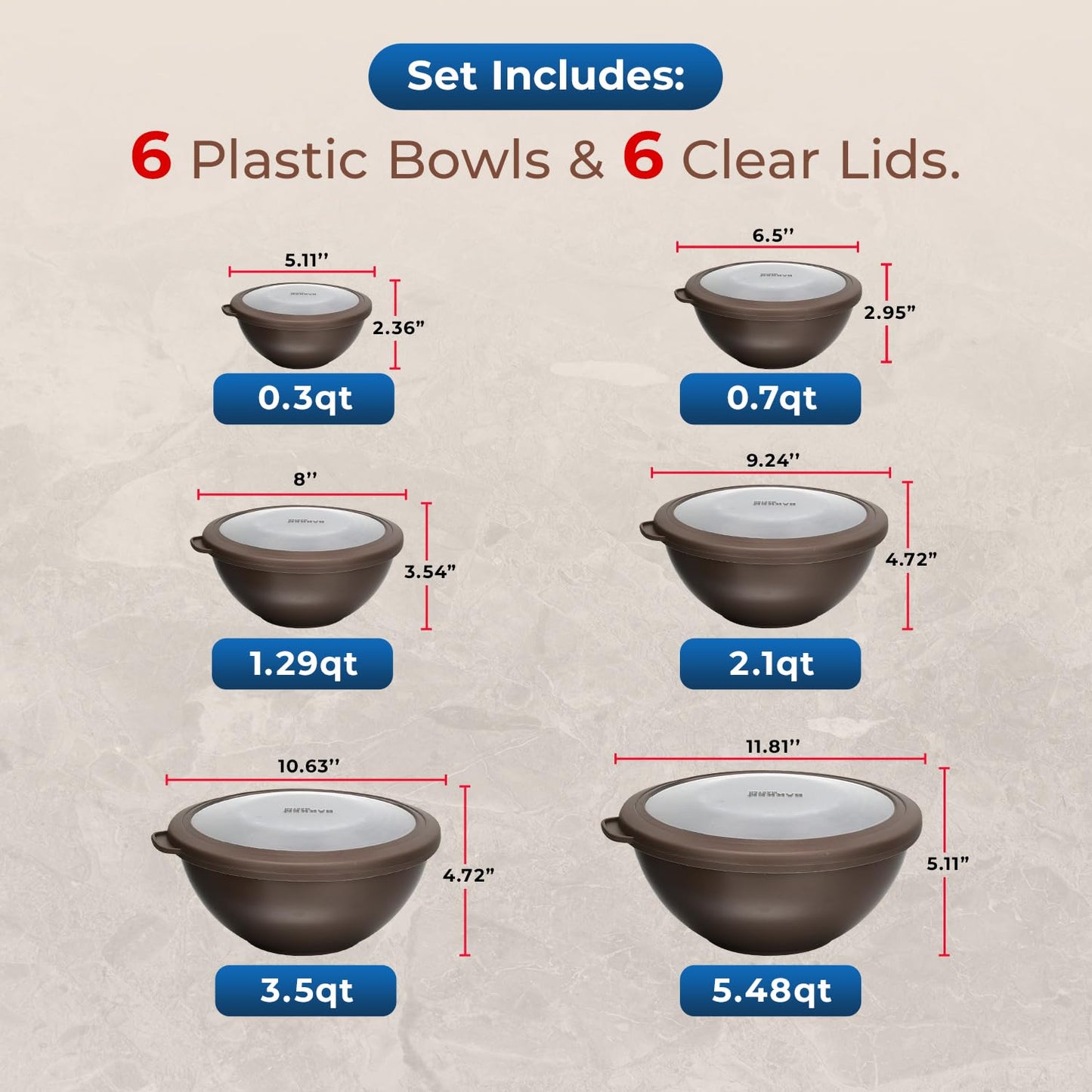 12 Piece Plastic Nesting Bowls with Lids - Mixing Bowls Set includes 6 Prep Bowls and 6 Lids, BPA-Free, Reusable Meal Prep Containers, Microwave, Freezer & Dishwasher Safe, White Cream