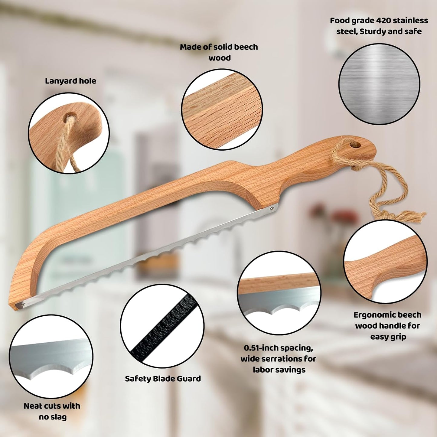 Bread Slicer for Homemade Bread,16" Wooden Sourdough Bread knife with Bow Design,Premium Stainless Steel Serrated Saw Bread cutter for Bagels, Baguettes and More