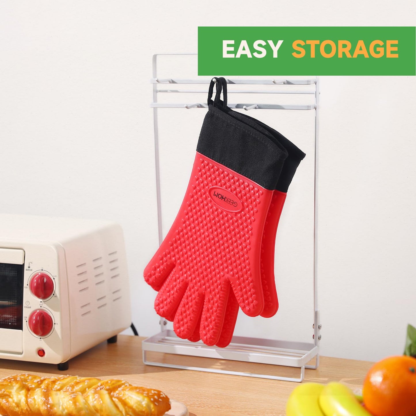 GEEKHOM BBQ Gloves, Grilling Gloves Heat Resistant Oven Gloves, Kitchen Silicone Oven Mitts, Long Waterproof Non-Slip Pot Holder for Barbecue, Cooking, Baking, Black