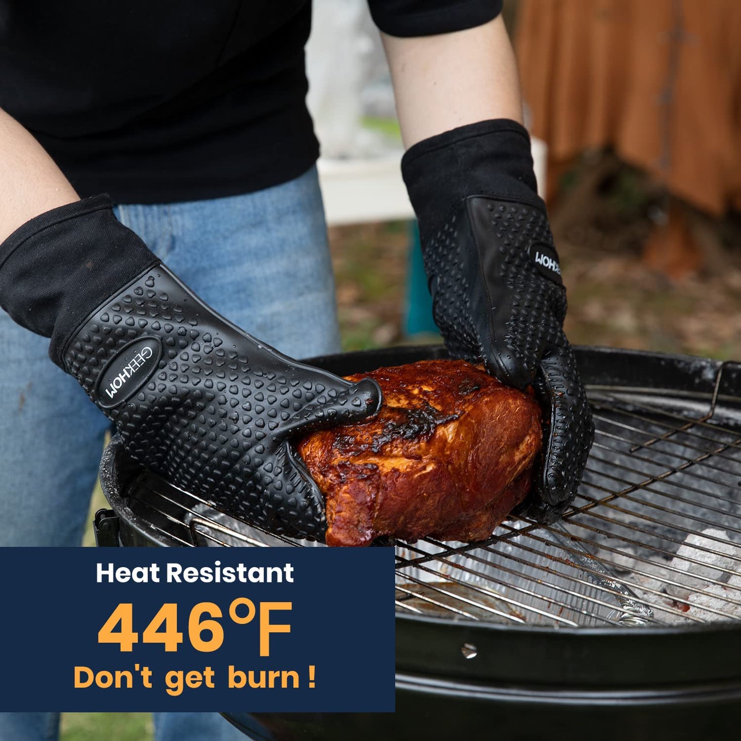 GEEKHOM BBQ Gloves, Grilling Gloves Heat Resistant Oven Gloves, Kitchen Silicone Oven Mitts, Long Waterproof Non-Slip Pot Holder for Barbecue, Cooking, Baking, Black